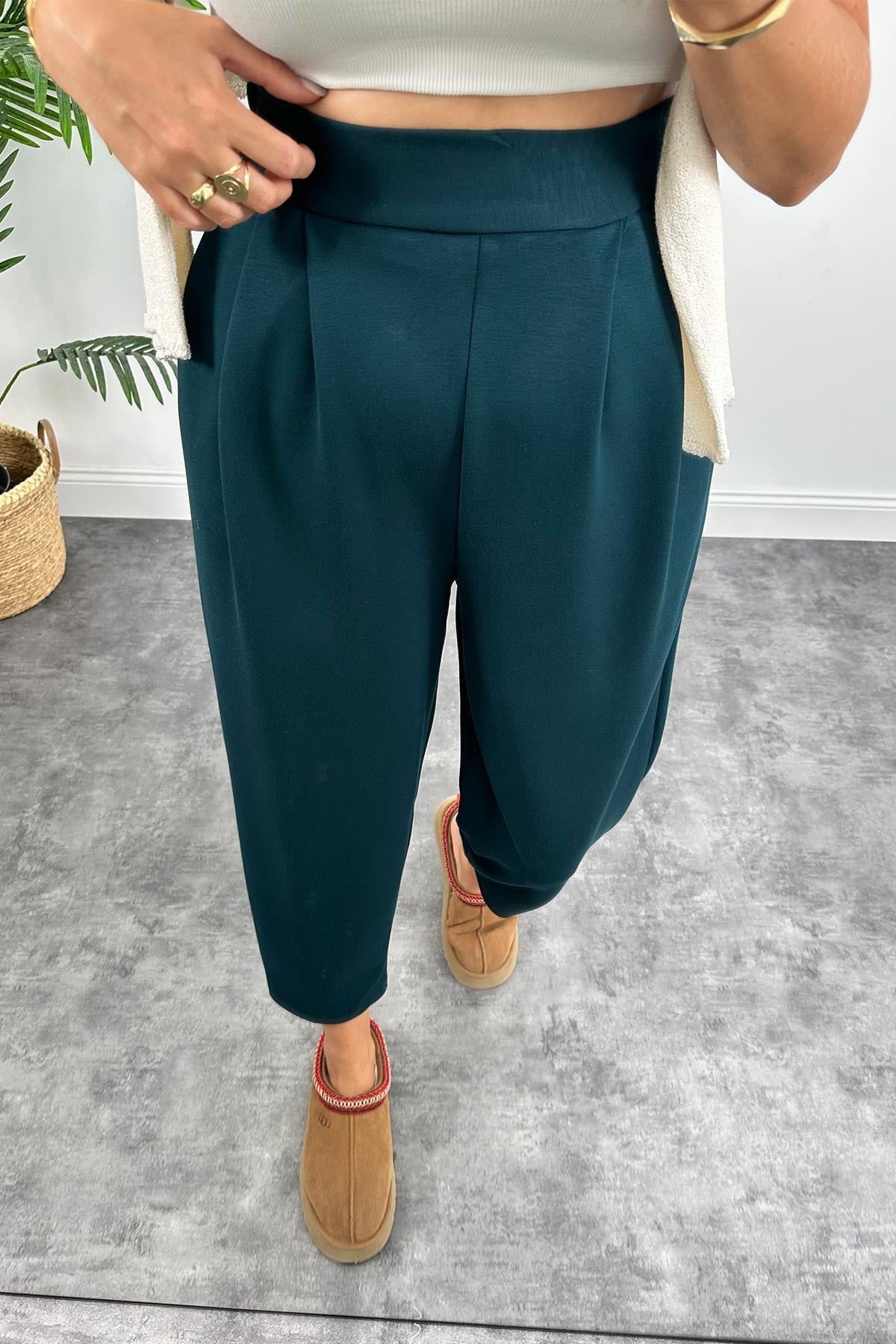 1. Sınıf Kalite Oysh Kumaş Beli Lastikli Harem Pantolon Zümrüt
