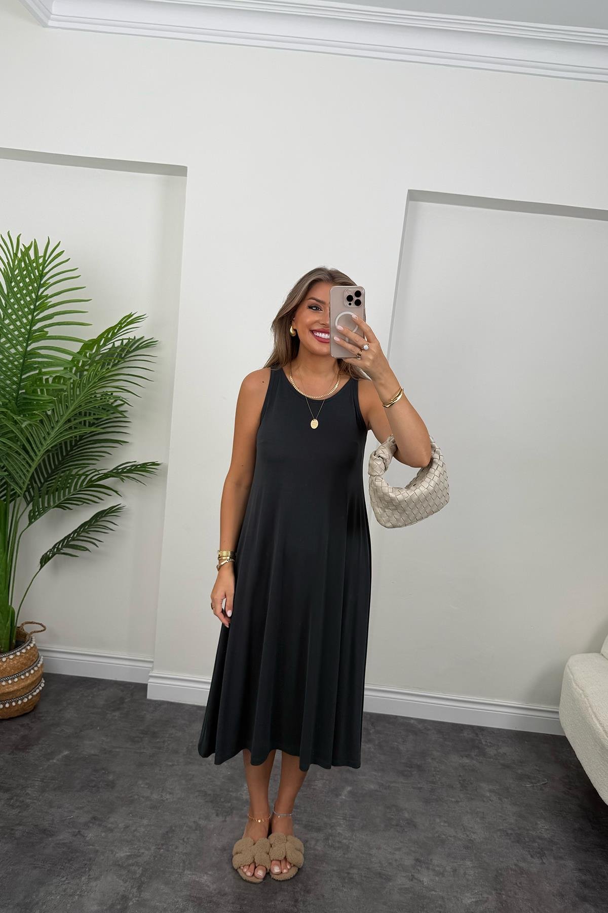 1. Sınıf Kalite İthal Modal Kumaş Midi Elbise Antrasit