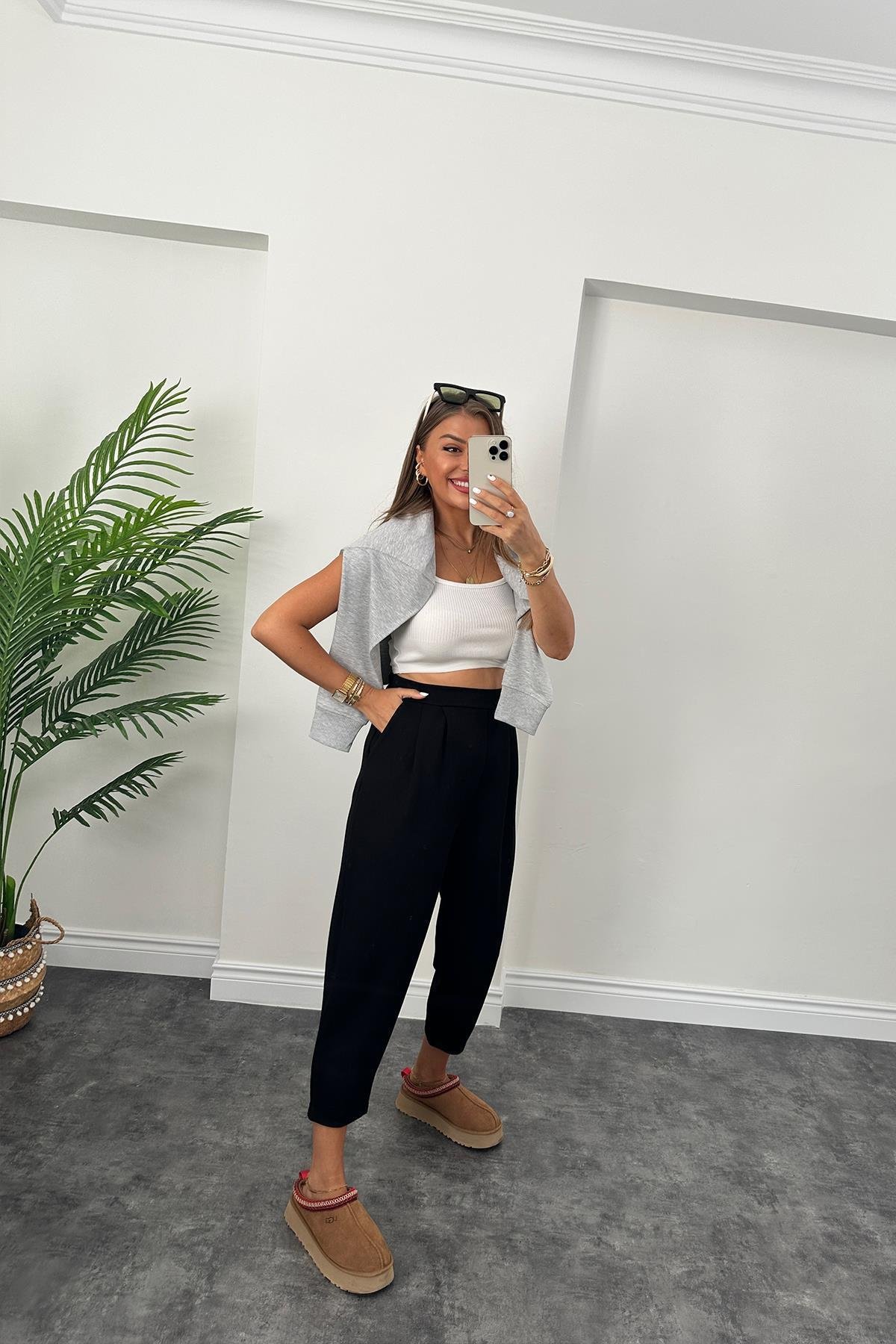 1. Sınıf Kalite Oysho Kumaş Beli Lastikli Harem Pantolon Siyah