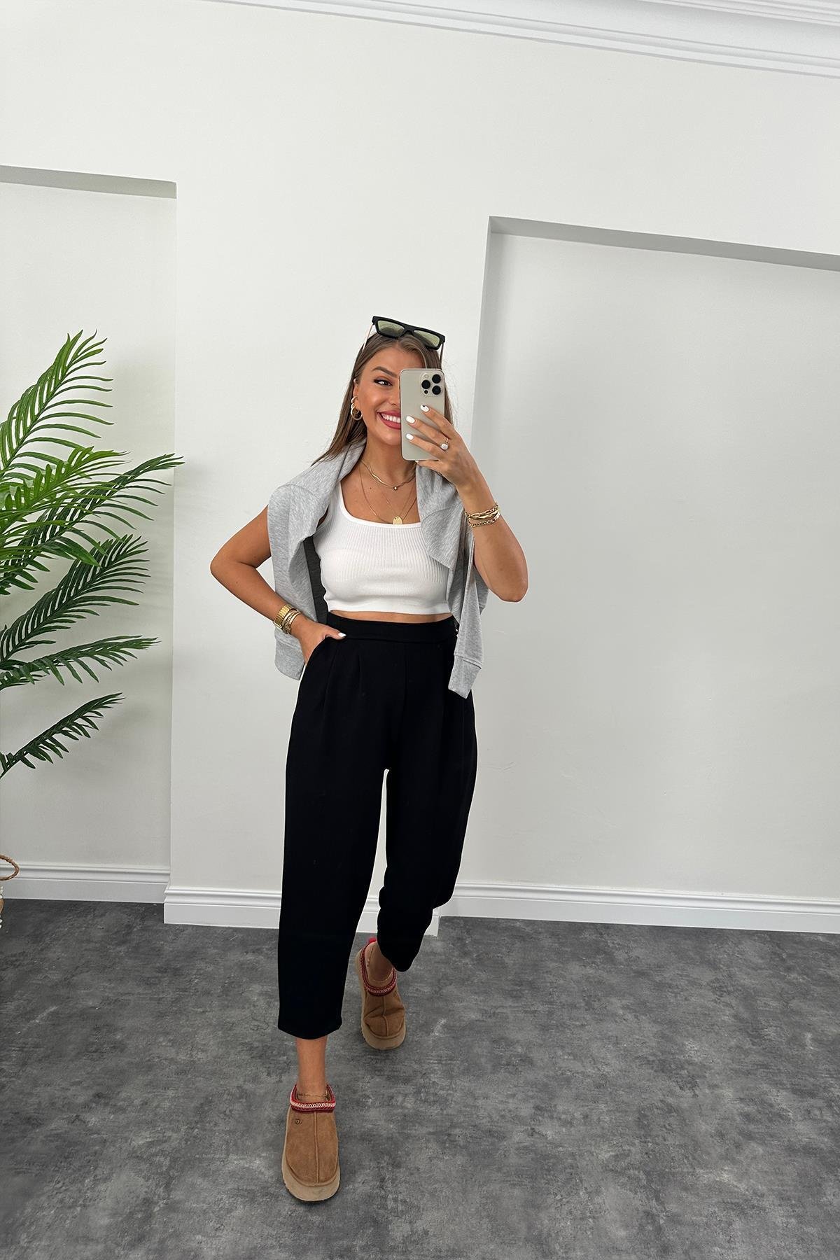 1. Sınıf Kalite Oysho Kumaş Beli Lastikli Harem Pantolon Siyah