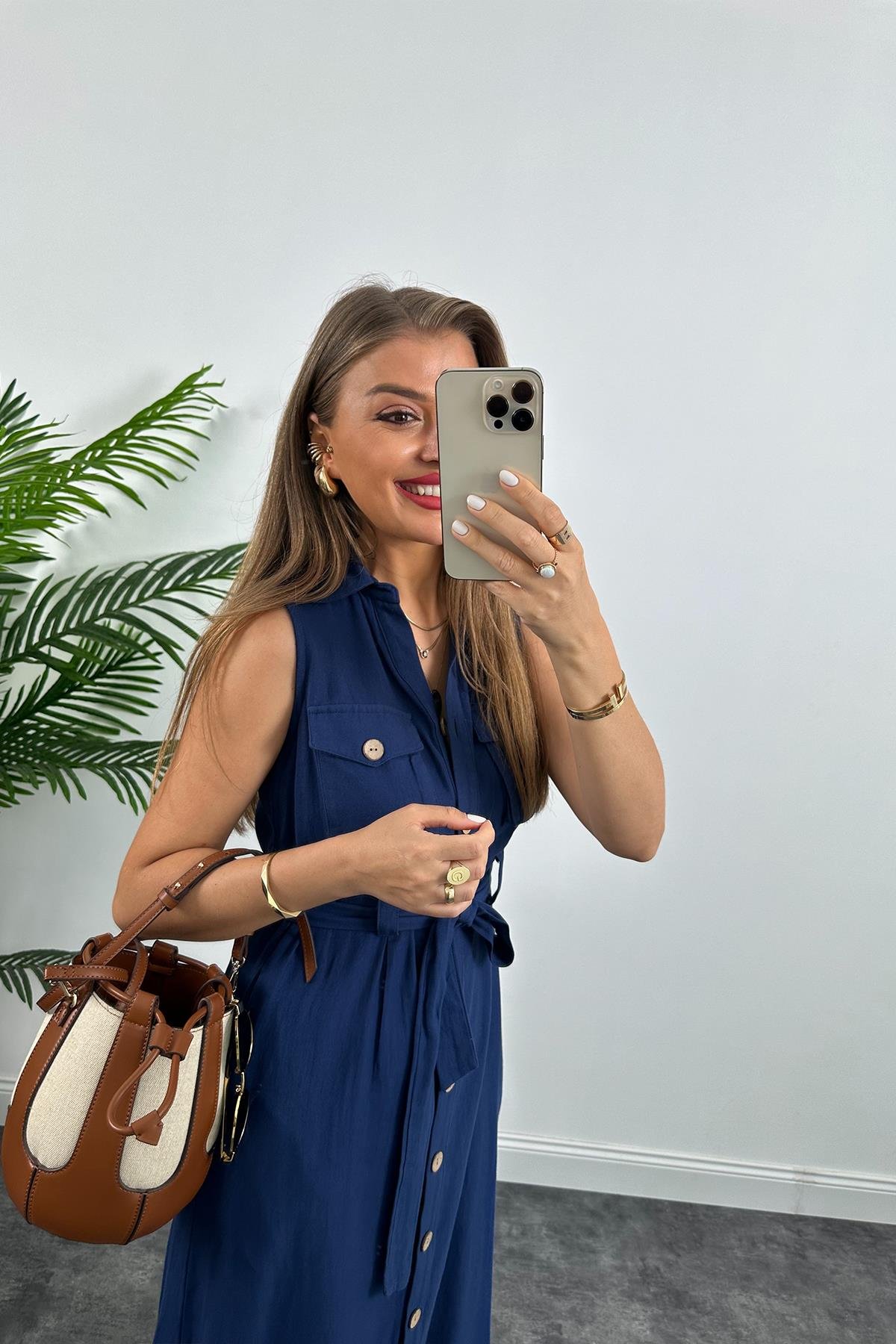 1. Sınıf Kalite %100 Pamuklu Keten Ahşap Düğmeli Midi boy Kuşaklı Elbise Lacivert