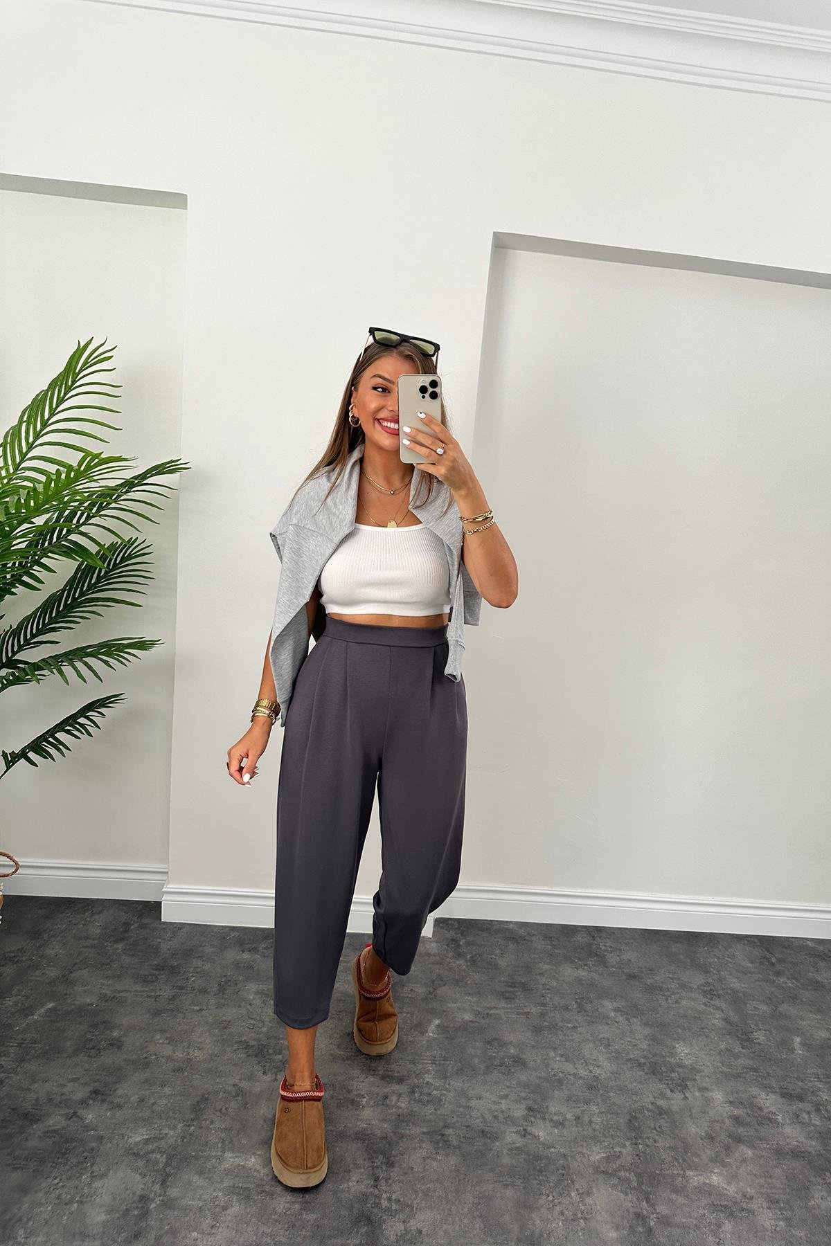 1. Sınıf Kalite Oysho Kumaş Beli Lastikli Harem Pantolon Antrasit