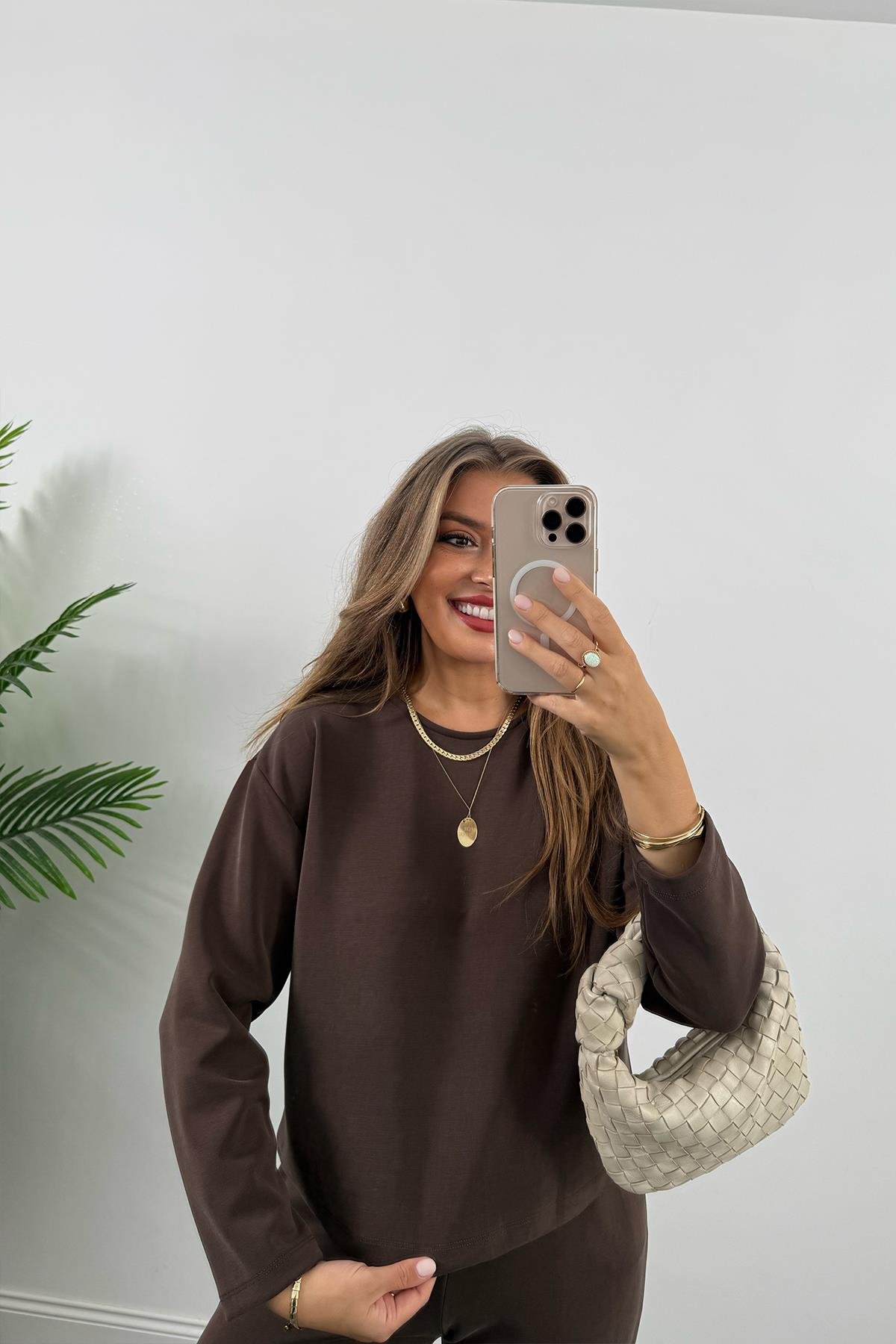 1. Sınıf Kalite İthal Oysh Kumaş Uzun Kol Basic Takım Acı Kahve