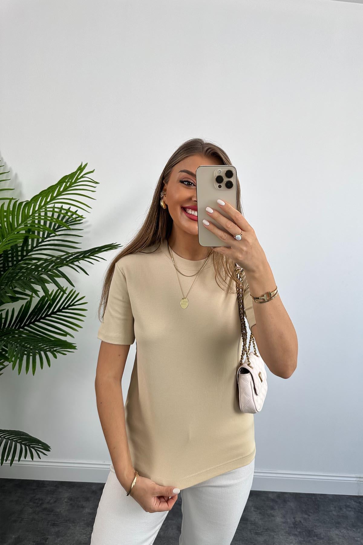 1. Sınıf Kalite Massimo Model %100 Pamuklu Lüx Basic Tshirt Bej