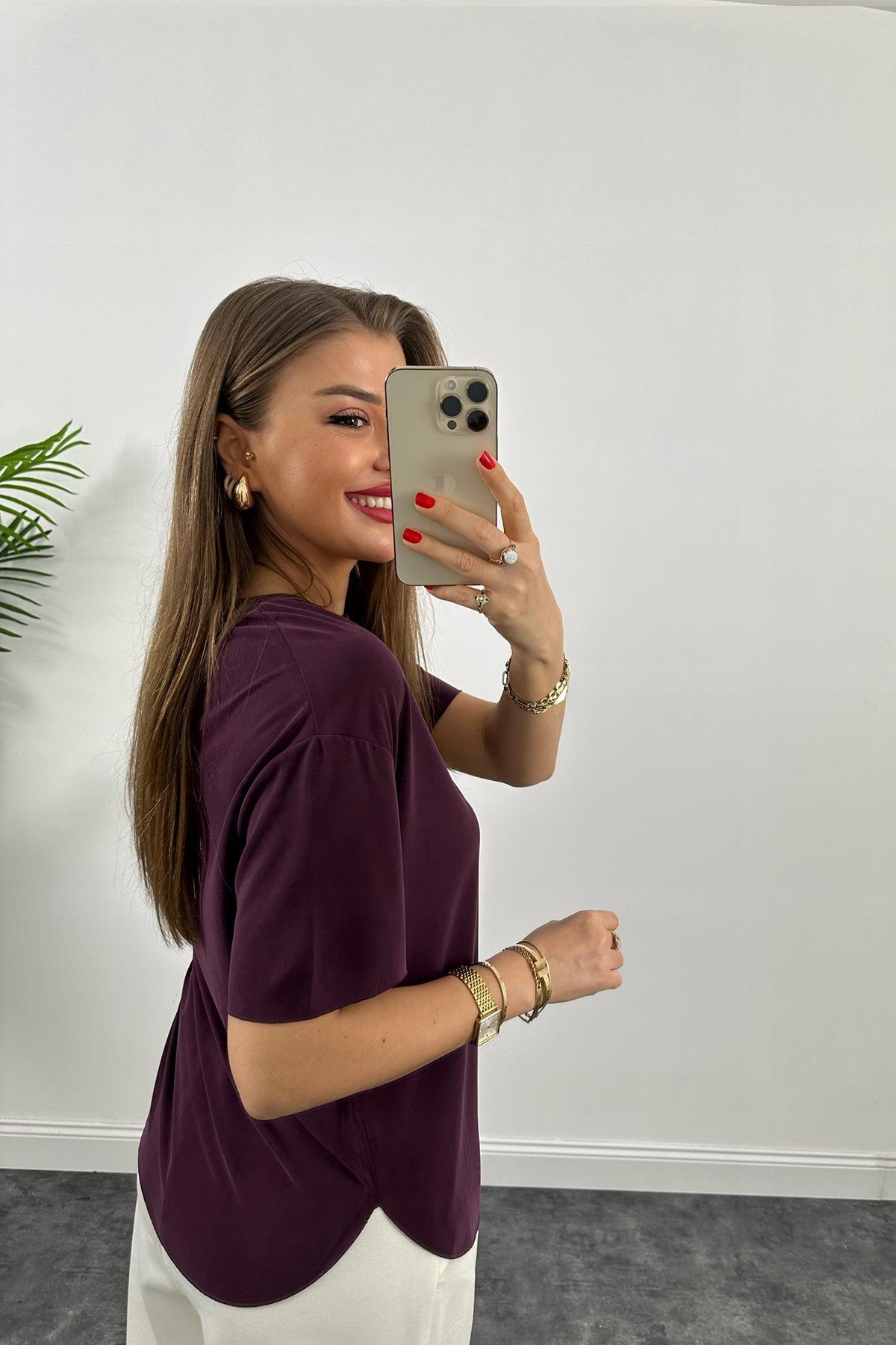 1. Sınıf Kalite Modal Kumaş Oysh Basic Tshirt Mürdüm