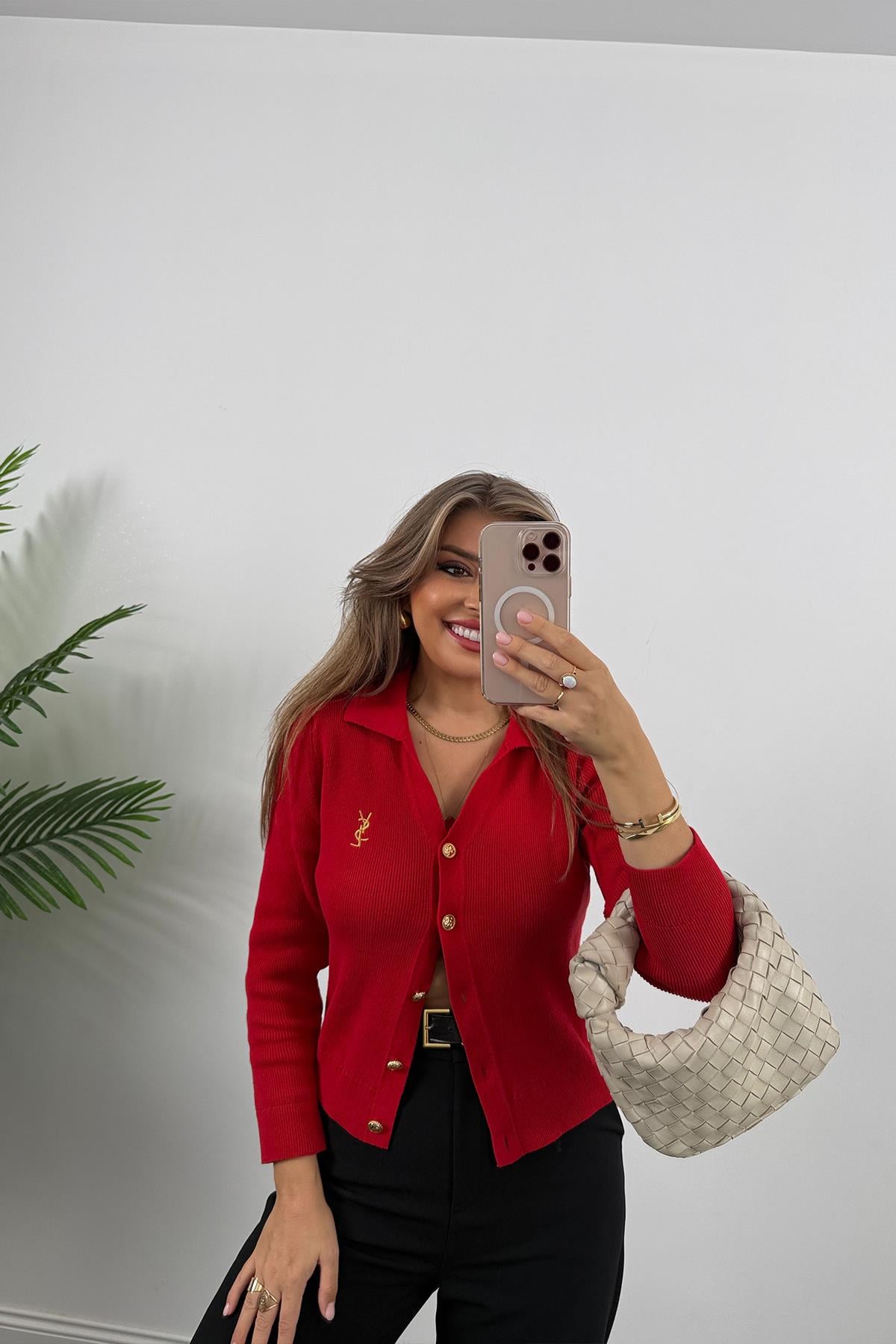 1. Sınıf Kalite Marka Model Gold Nakışlı Hırka Kırmızı