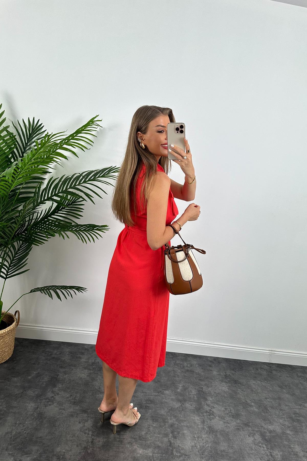 1. Sınıf Kalite Tok Keten Ahşap Düğmeli Midi Boy Elbise Mercan