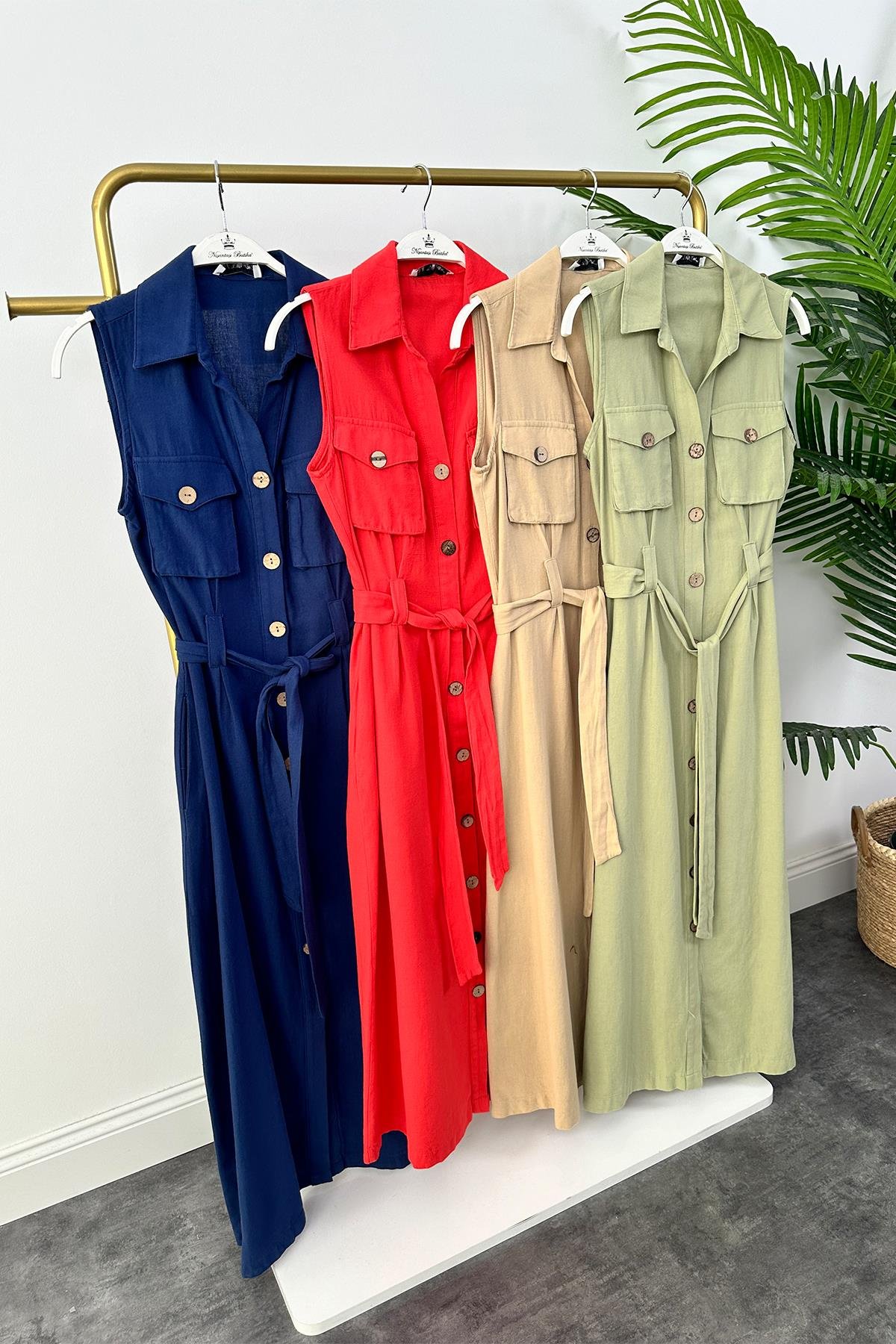 1. Sınıf Kalite %100 Pamuklu Keten Ahşap Düğmeli Midi boy Kuşaklı Elbise Lacivert