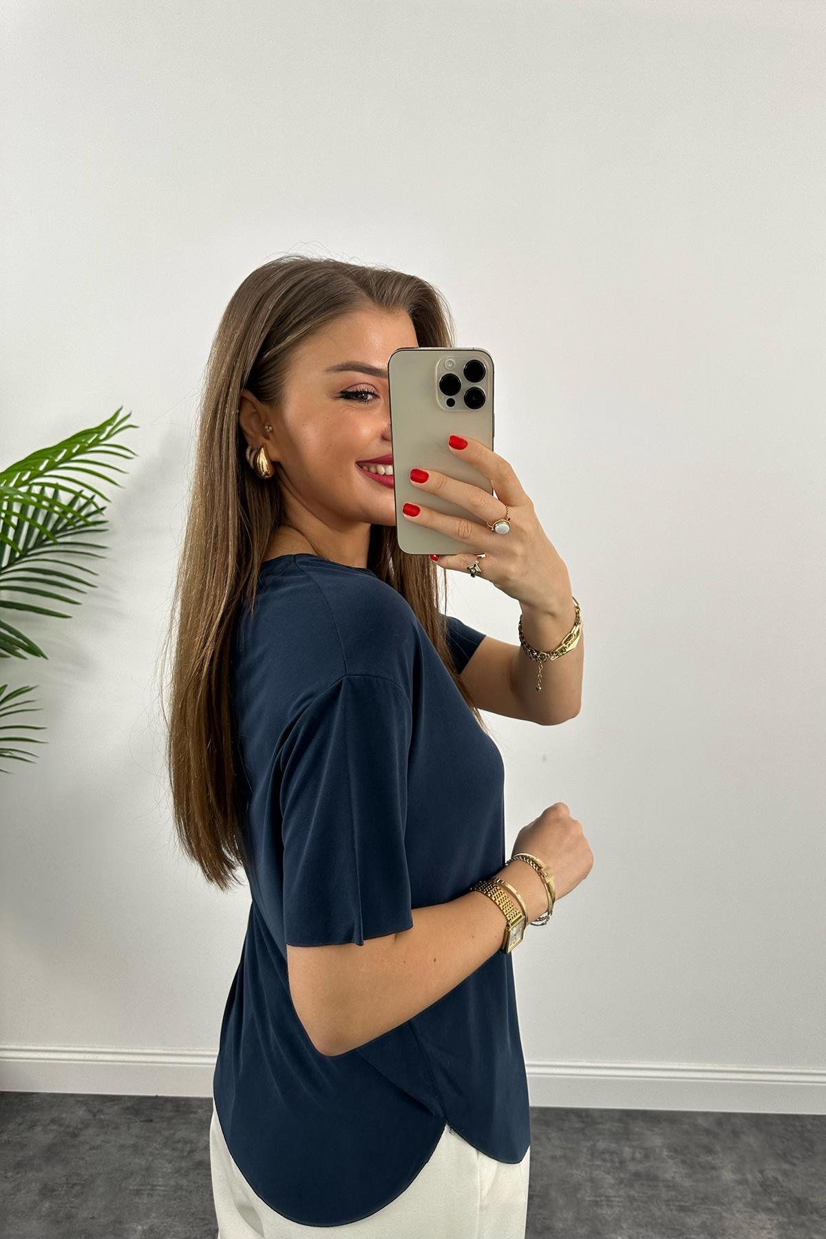 1. Sınıf Kalite Modal Kumaş Oysh Basic Tshirt Yıkamalı Lacivert