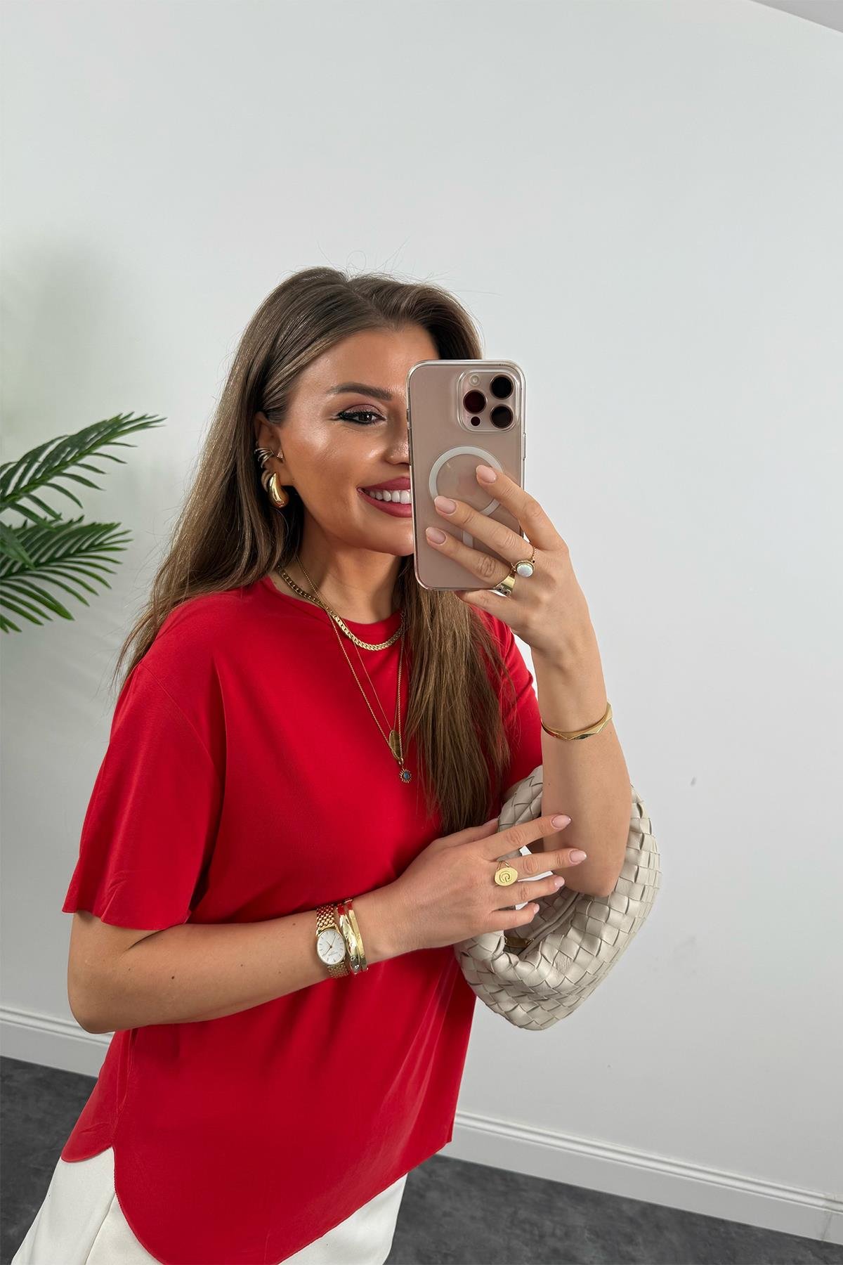 1. Sınıf Kalite Modal Kumaş Oysh Basic Tshirt Yıkamalı Kırmızı 