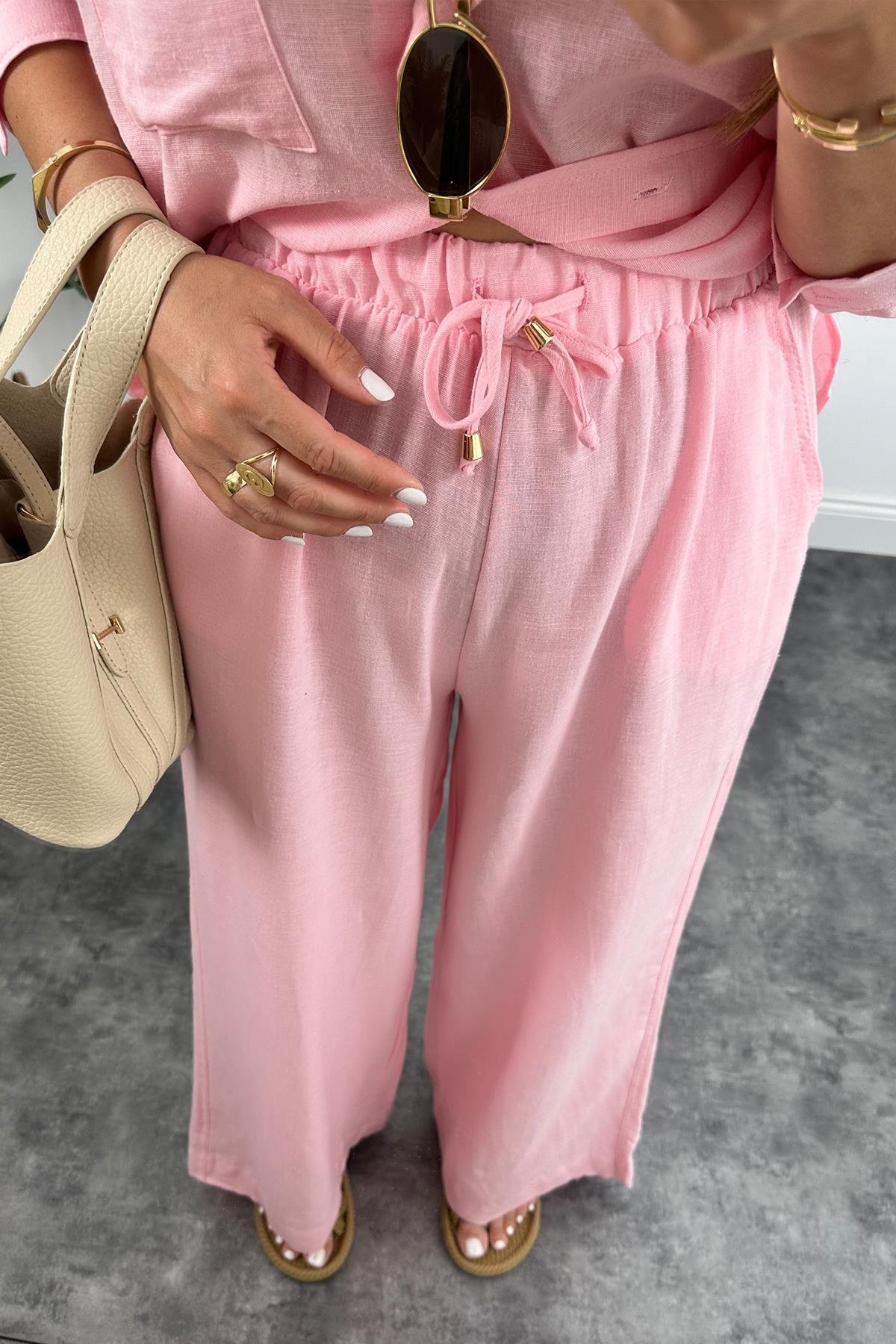 1. Sınıf Kalite Oysh Model %100 Keten Palazzo Gömlek Takım Pembe