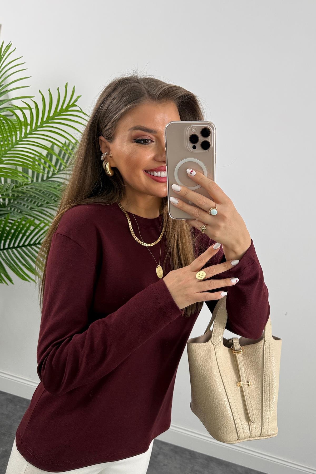 1. Sınıf Kalite  Massi Model Tam Pamuklu Uzun Kol Basic Bordo