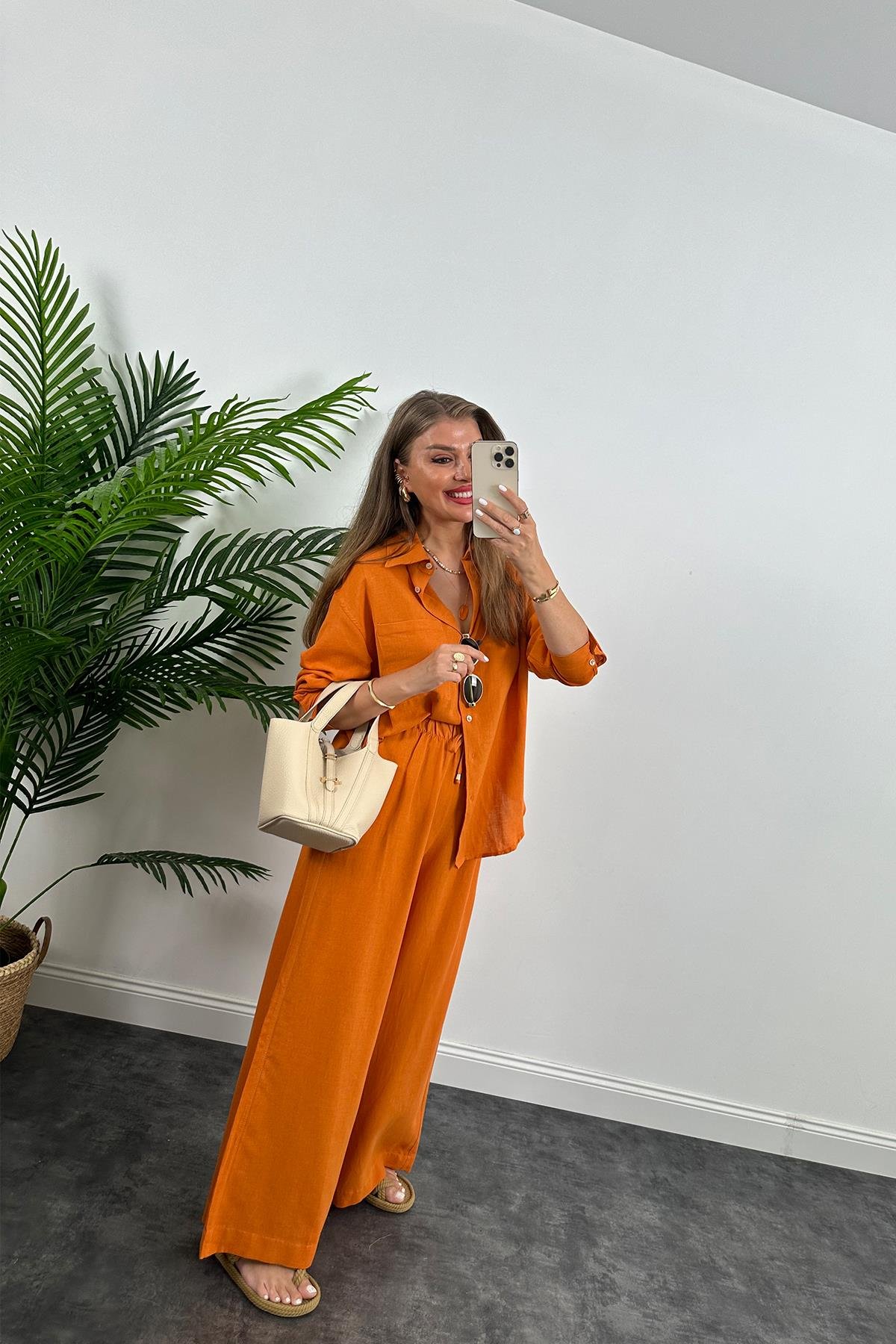 1. Sınıf Kalite Oysh Model %100 Keten Palazzo Gömlek Takım Turuncu