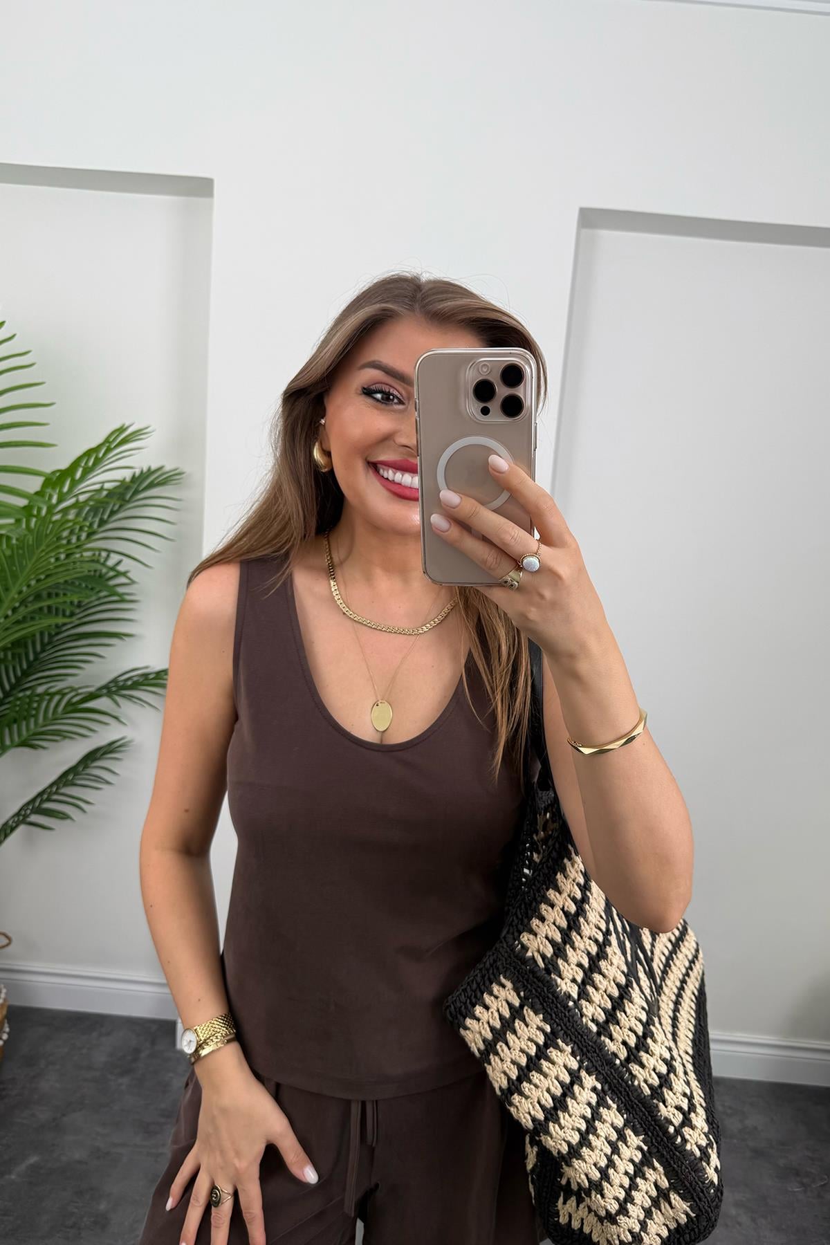 1. Sınıf Kalite İthal Pike Modal Kumaş Atlet Şort Takım Kahverengi