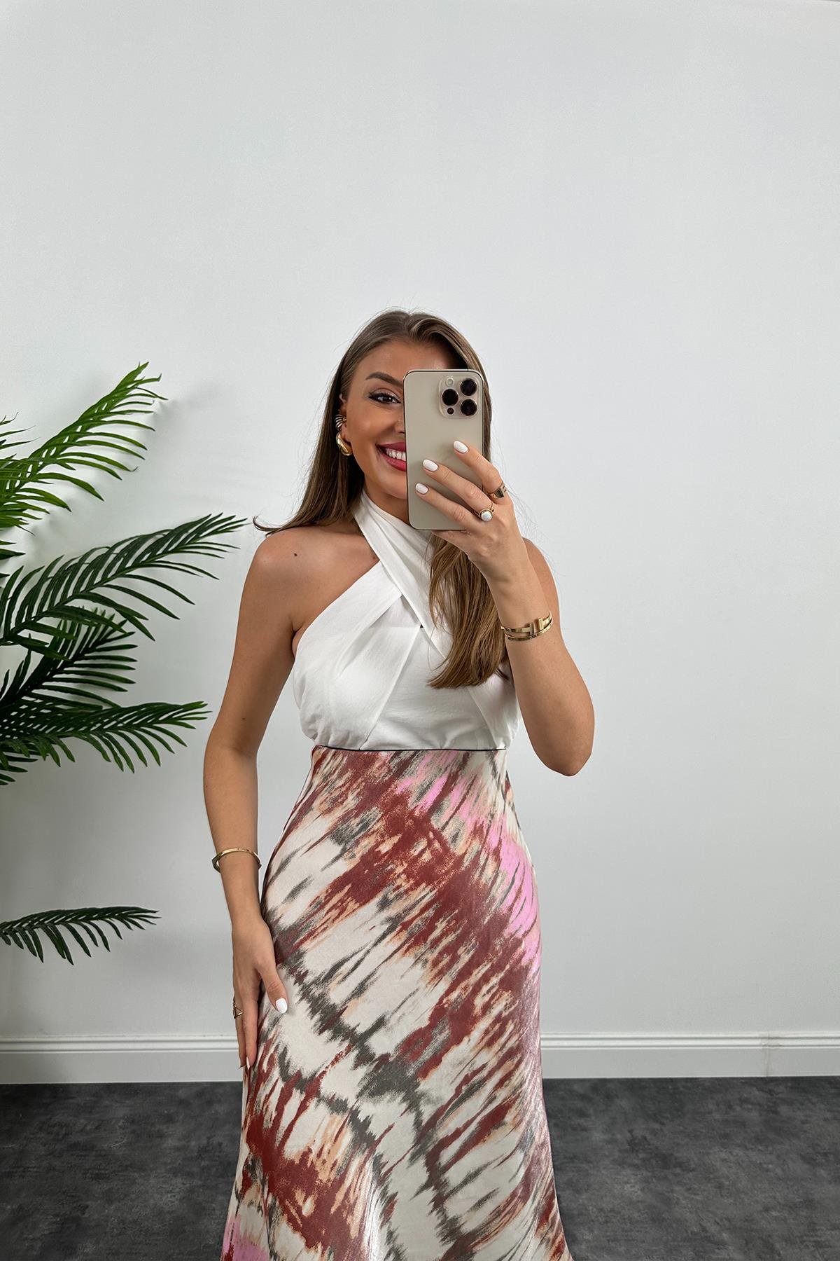 1. Sınıf Kalite Dışı Saten İçi Viskos Özel Dokulu Midi Boy Pembe Kızıl Desenli Etek