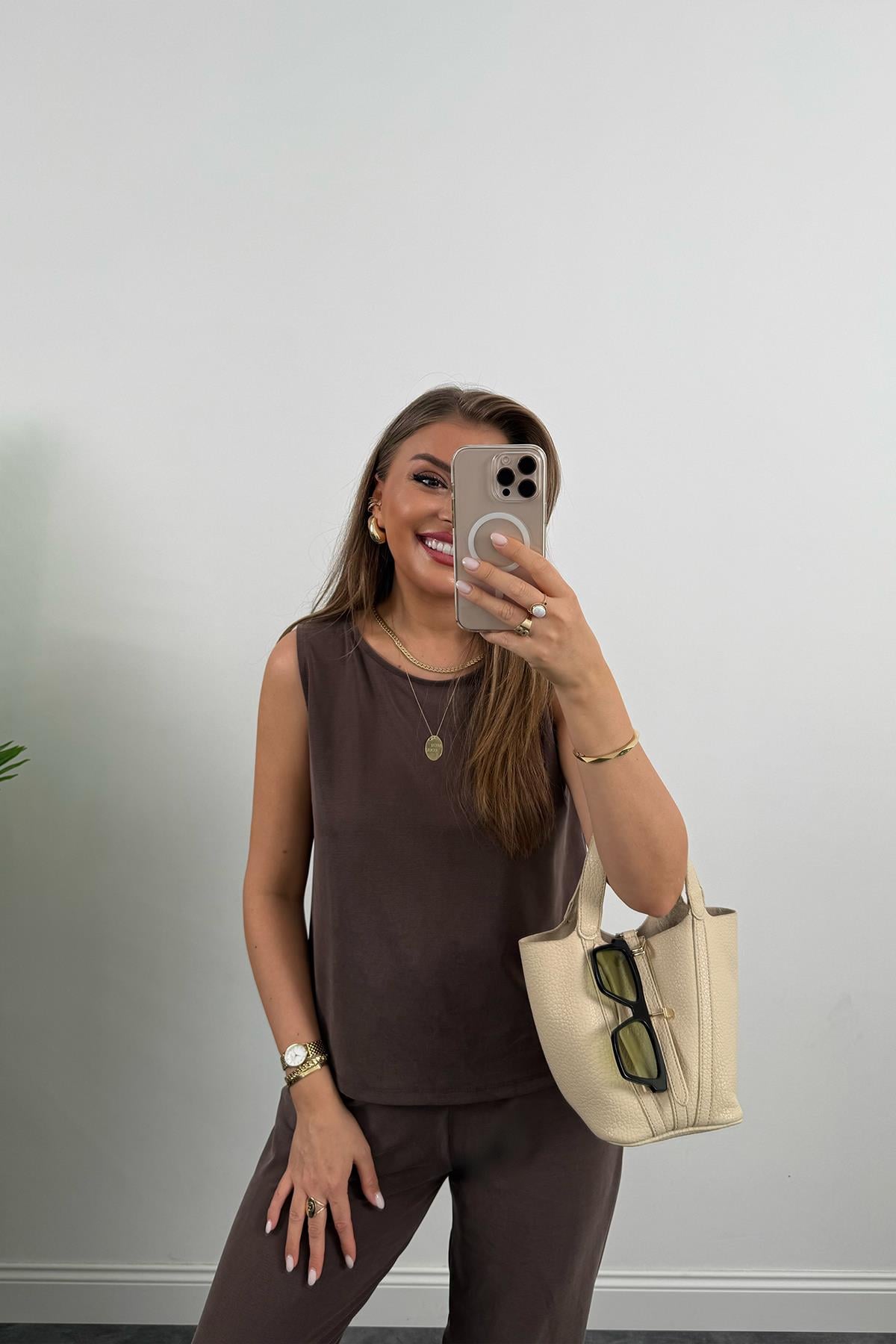 1. Sınıf Kalite Pike Modal Kumaş Pantolon Bluz Likralı Takım Kahverengi