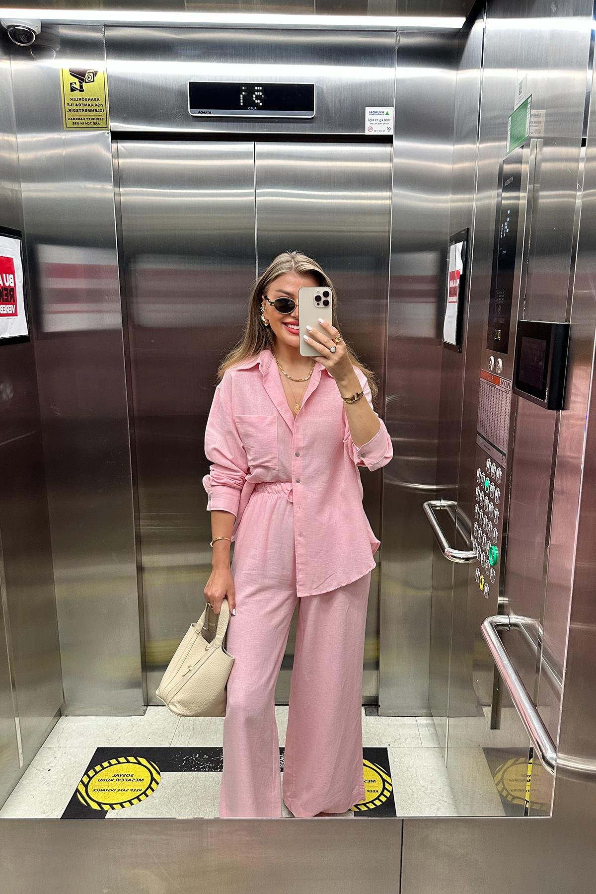 1. Sınıf Kalite Oysh Model %100 Keten Palazzo Gömlek Takım Pembe