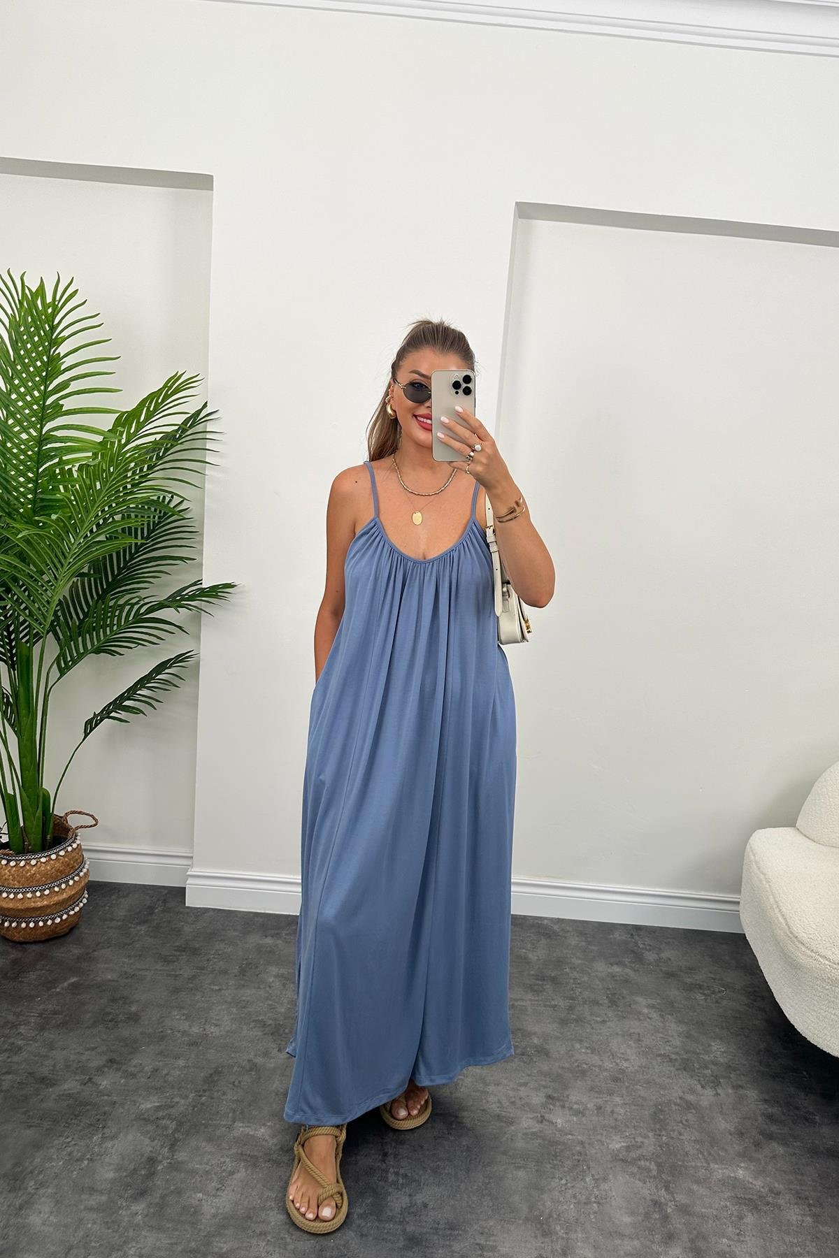 1. Sınıf Kalite İthal Oysho Kumaş Cepli Maxi Elbise İndigo Mavi