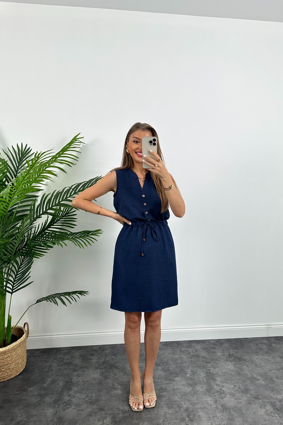 1. Sınıf Kalite Beli Lastikli Sıfır Kol Keten Elbise Lacivert
