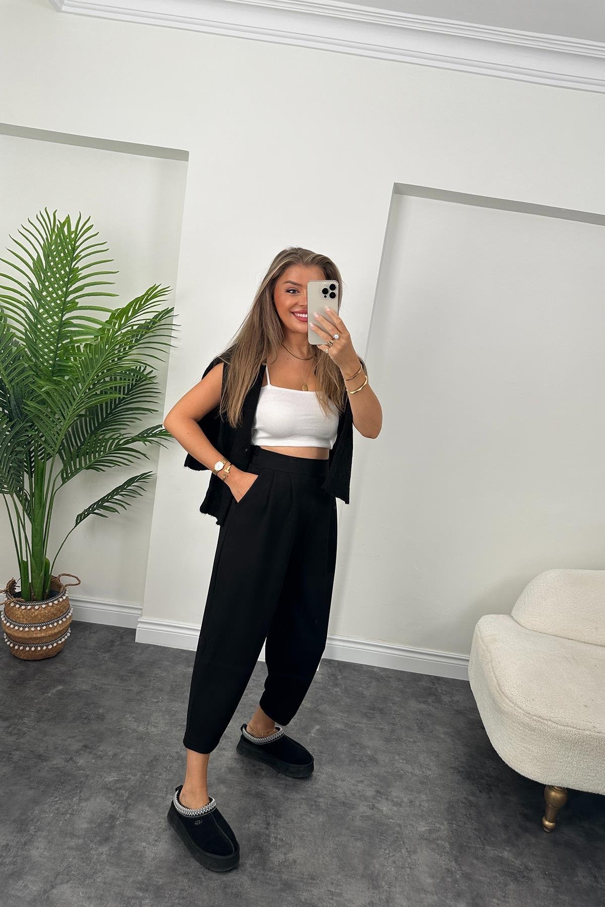 1. Sınıf Kalite Oysh Kumaş Beli Lastikli Harem Pantolon Siyah 