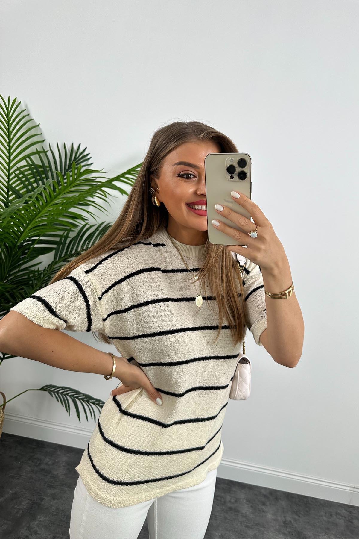 1. Sınıf Kalite Yumoş Dokulu Massimo Model Çizgili Triko Salaş Versiyon Taş