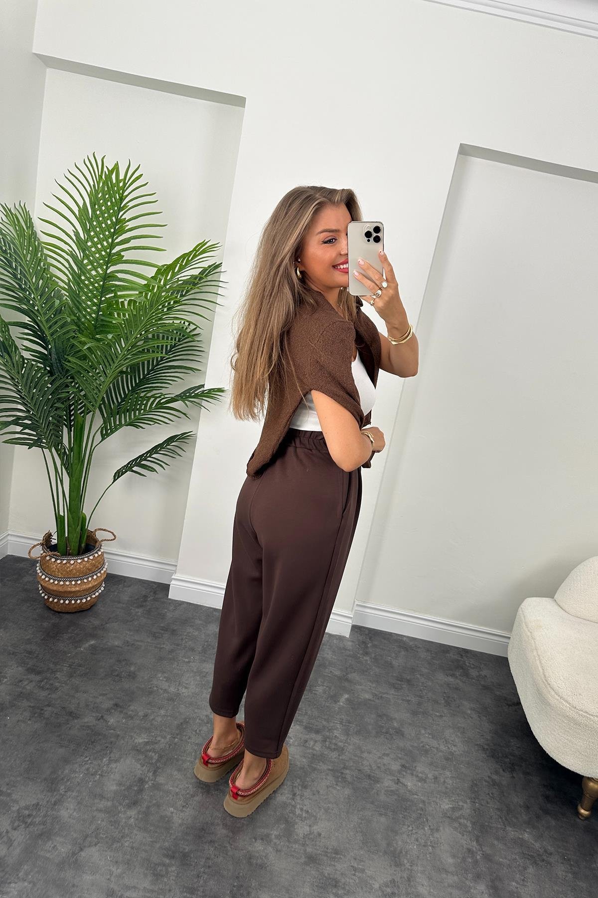 1. Sınıf Kalite Oysh Kumaş Beli Lastikli Harem Pantolon Kahverengi