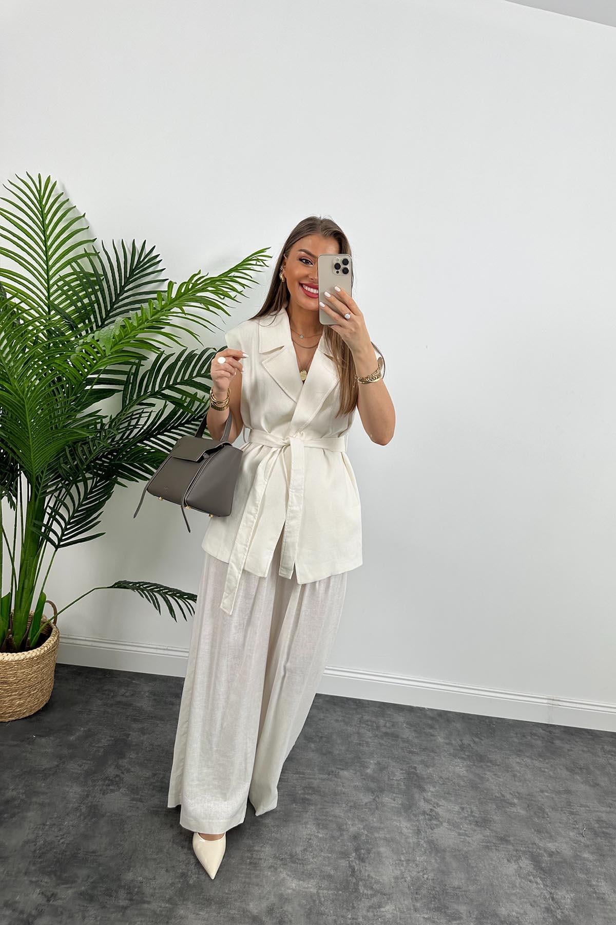 1. Sınıf Kalite Keten Kumaş Yelek Palazzo Pantolon Takım Ekru