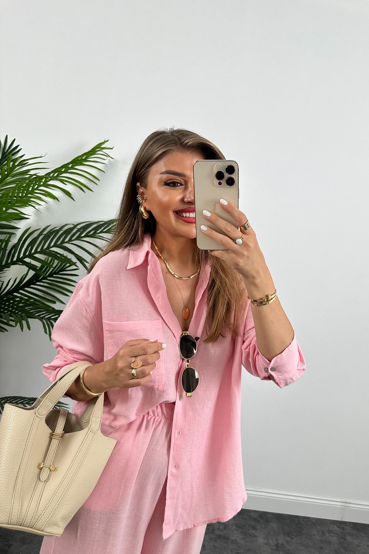 1. Sınıf Kalite Oysh Model %100 Keten Palazzo Gömlek Takım Pembe