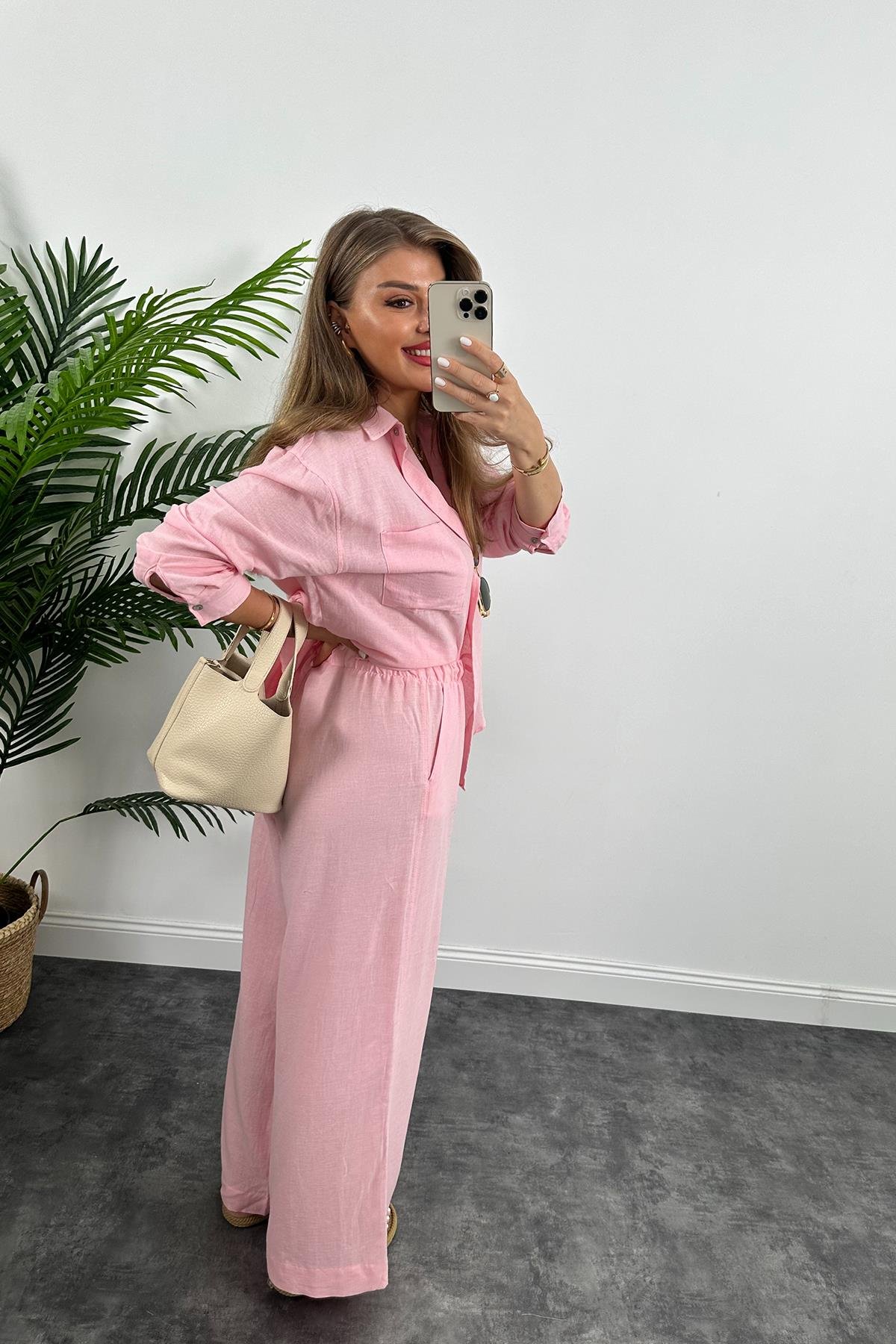 1. Sınıf Kalite Oysh Model %100 Keten Palazzo Gömlek Takım Pembe