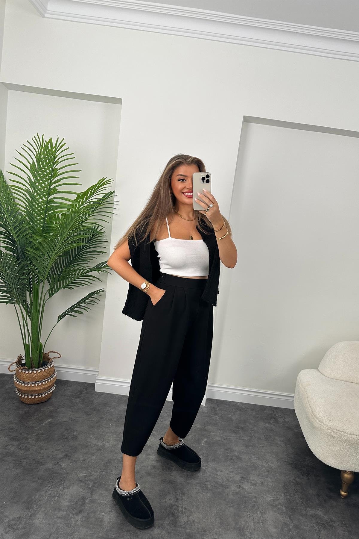 1. Sınıf Kalite Oysh Kumaş Beli Lastikli Harem Pantolon Siyah 