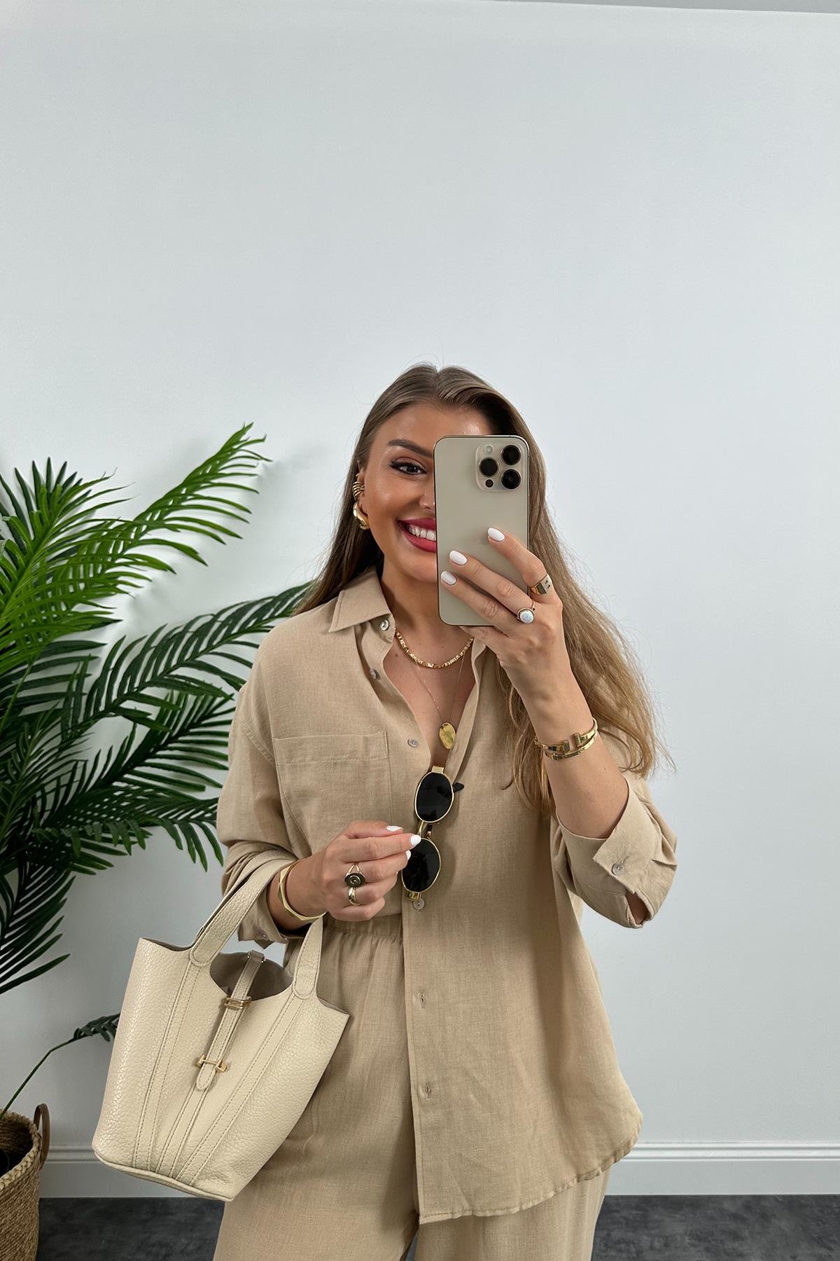 1. Sınıf Kalite Oysh Model %100 Keten Palazzo Gömlek Takım Bej