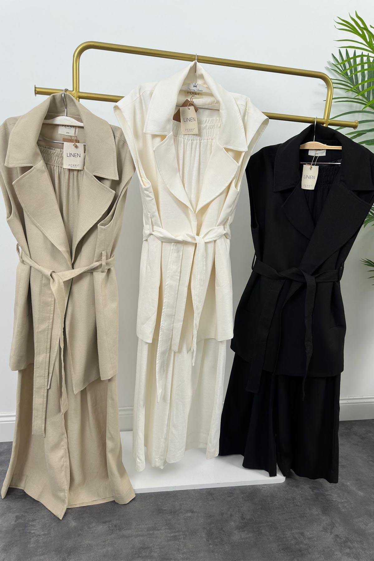 1. Sınıf Kalite Keten Kumaş Yelek Palazzo Pantolon Takım Siyah