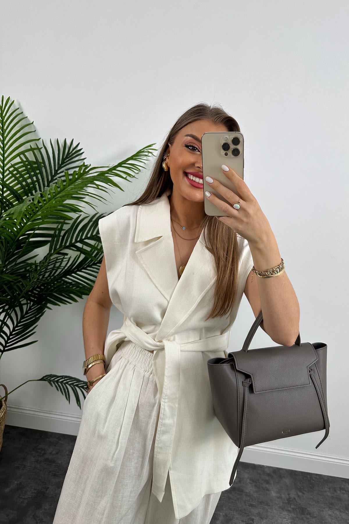 1. Sınıf Kalite Keten Kumaş Yelek Palazzo Pantolon Takım Ekru