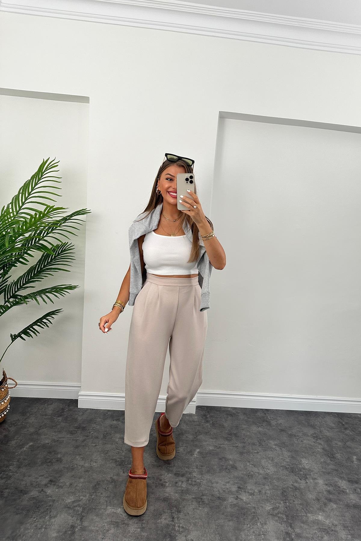 1. Sınıf Kalite Oysho Kumaş Beli Lastikli Harem Pantolon Taş