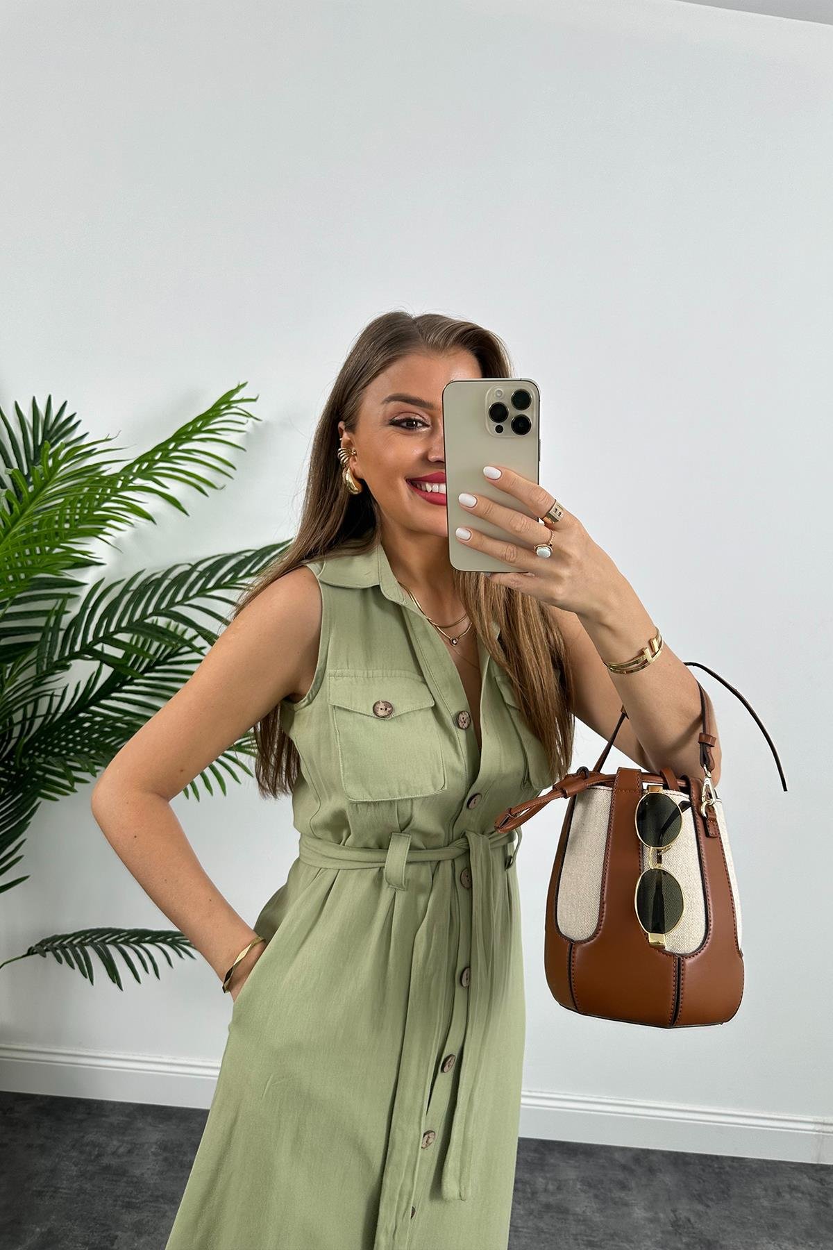 1. Sınıf Kalite Tok Keten Ahşap Düğmeli Midi Boy Elbise Haki