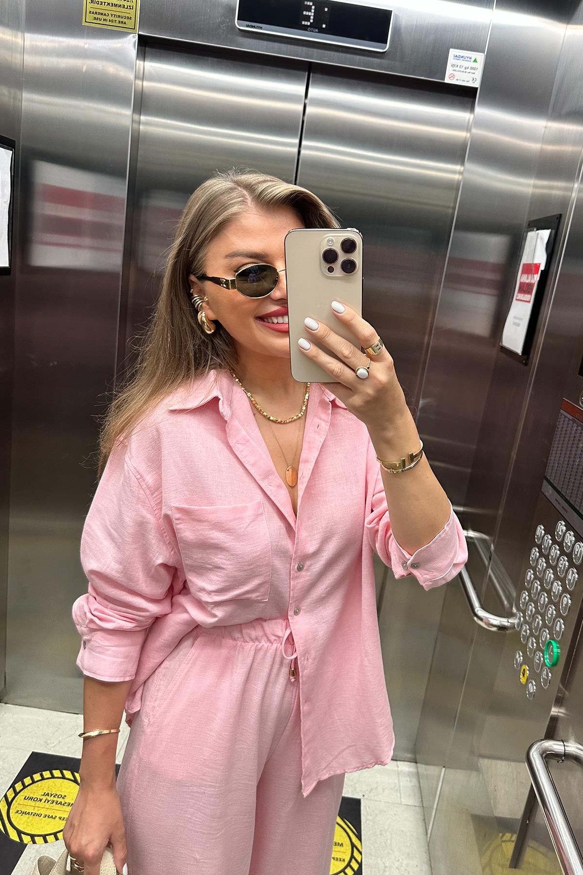 1. Sınıf Kalite Oysh Model %100 Keten Palazzo Gömlek Takım Pembe