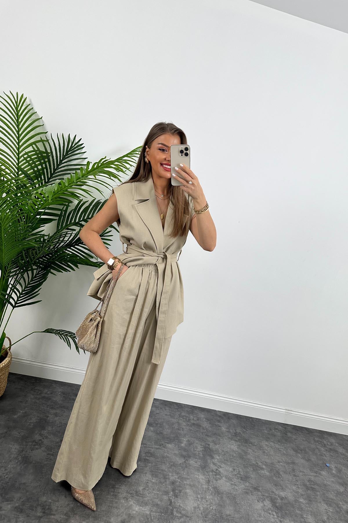 1. Sınıf Kalite Keten Kumaş Yelek Palazzo Pantolon Takım Taş