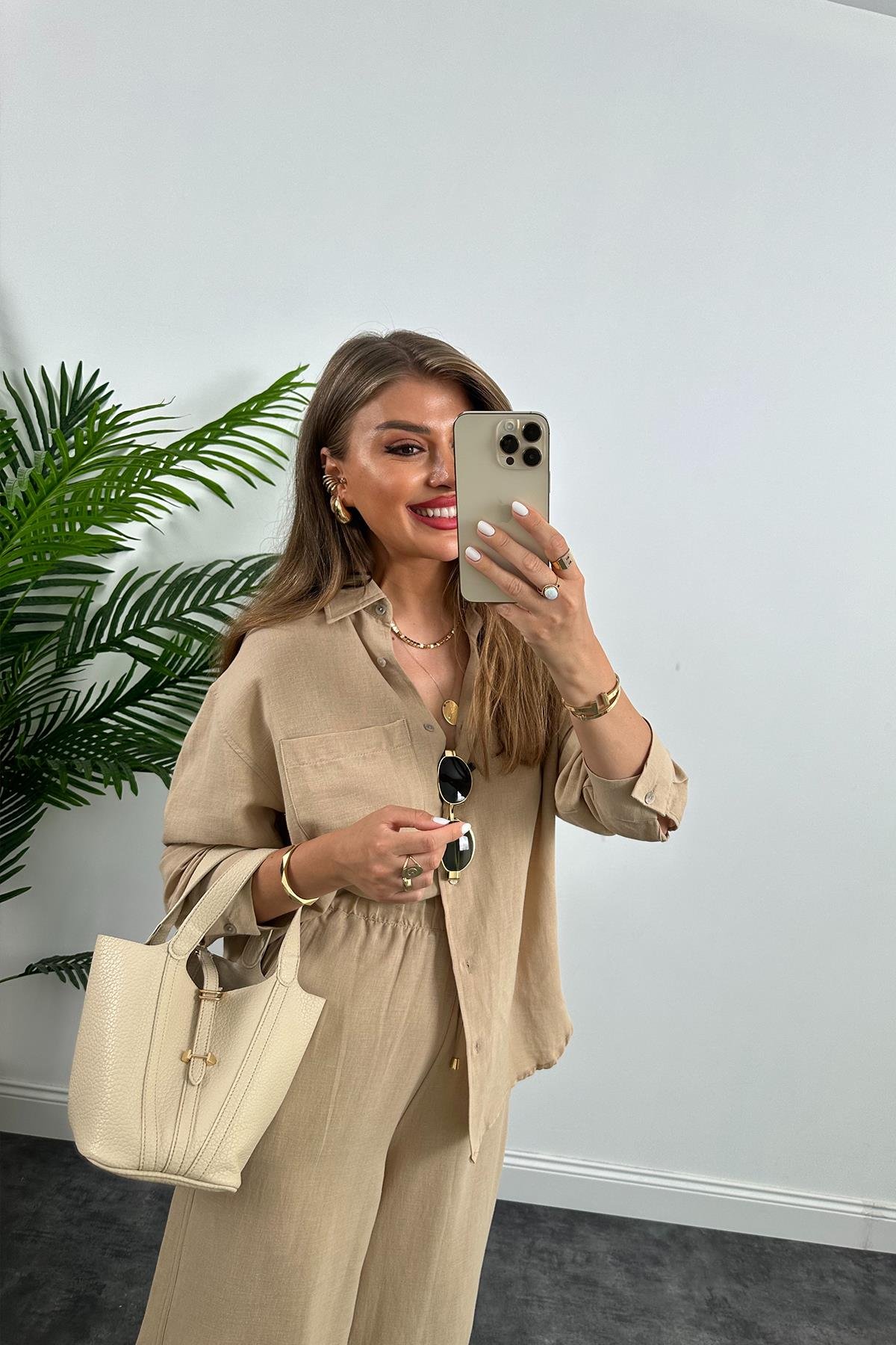 1. Sınıf Kalite Oysh Model %100 Keten Palazzo Gömlek Takım Bej