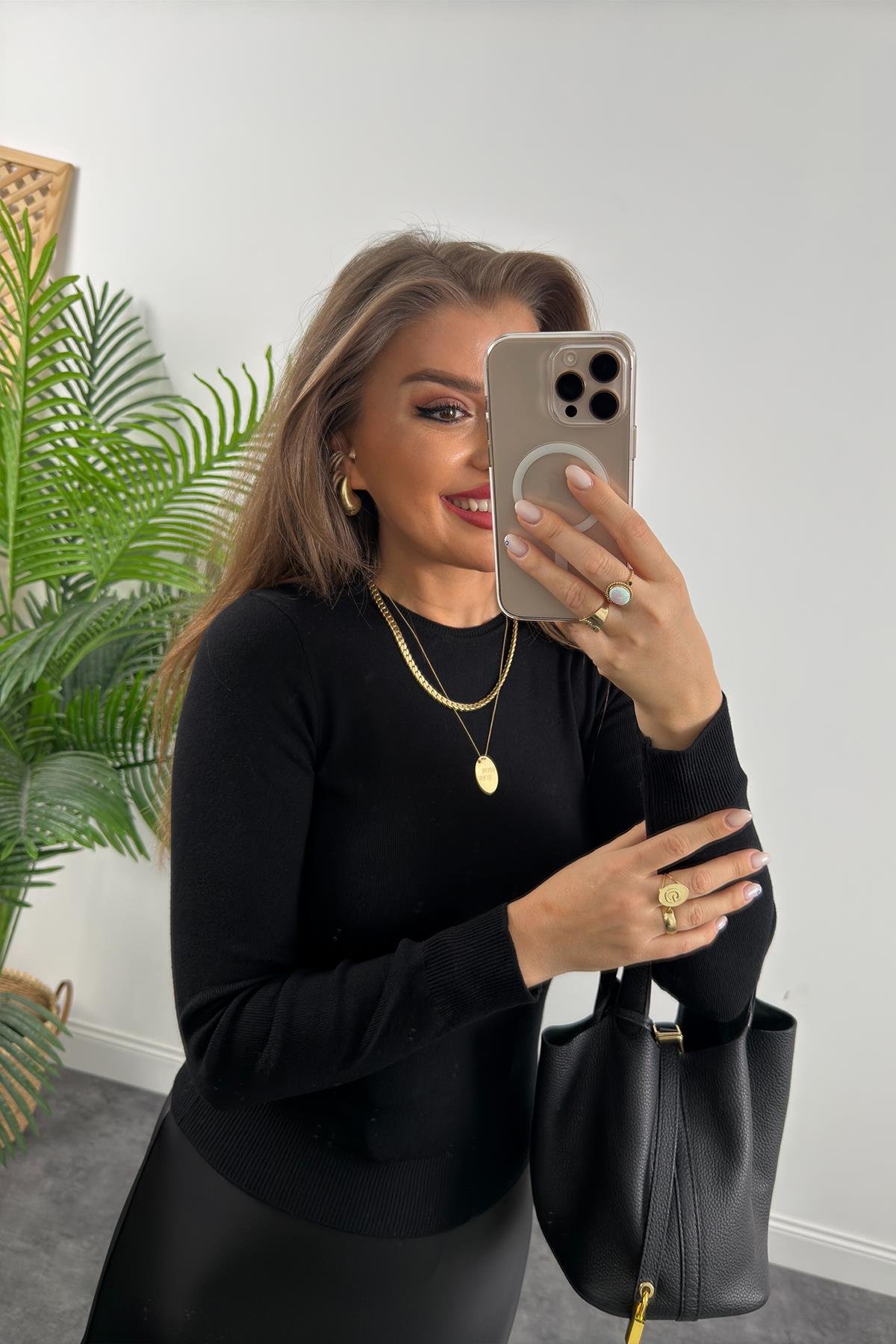 1. Sınıf Kalite Massi Model Kaşmir Dokulu Uzun Kol Basic Triko Siyah