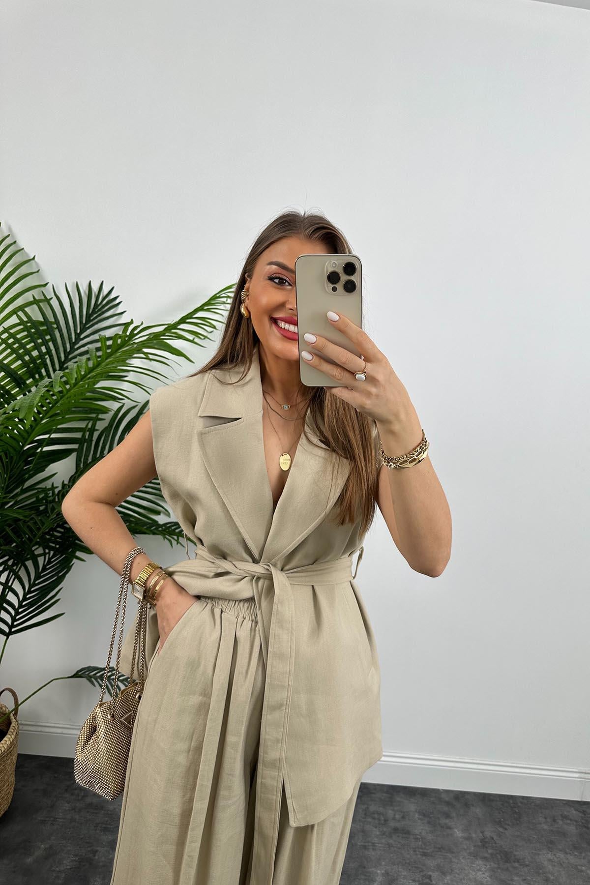 1. Sınıf Kalite Keten Kumaş Yelek Palazzo Pantolon Takım Taş