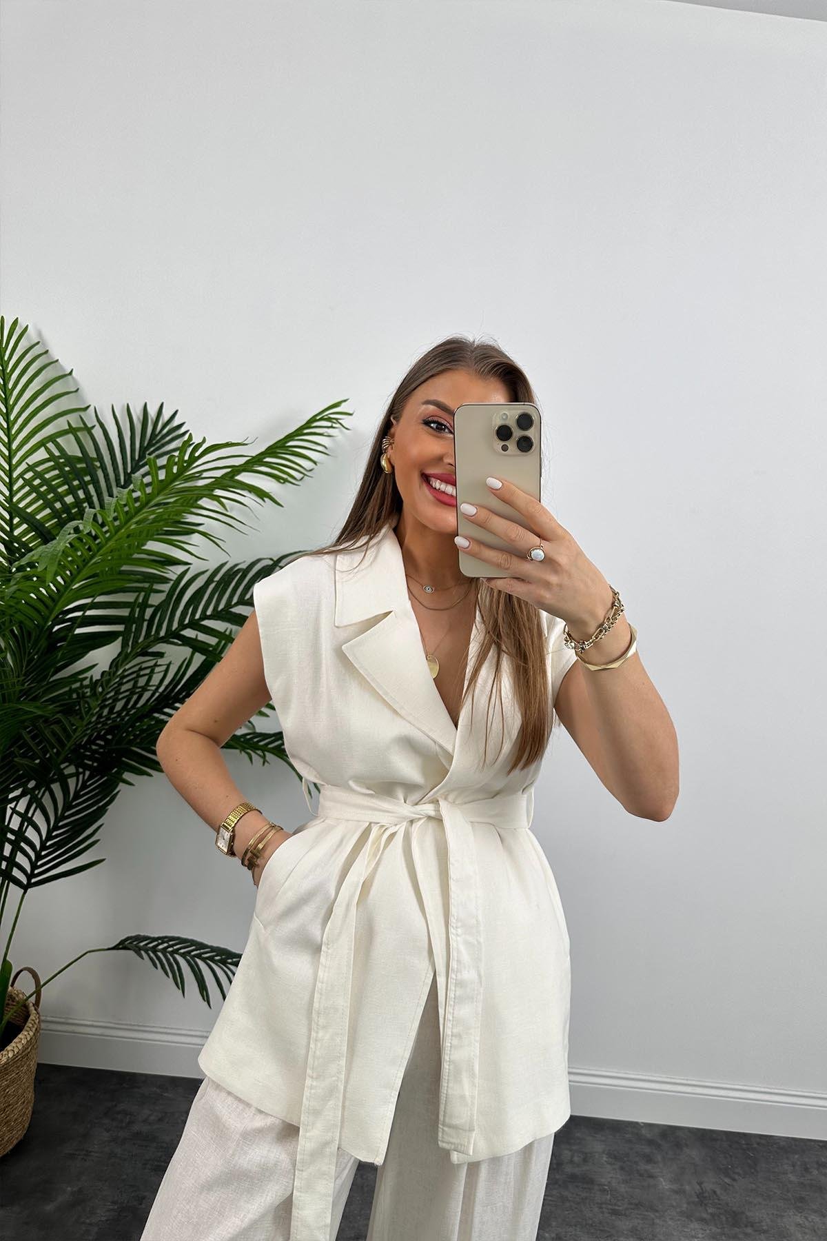 1. Sınıf Kalite Keten Kumaş Yelek Palazzo Pantolon Takım Ekru