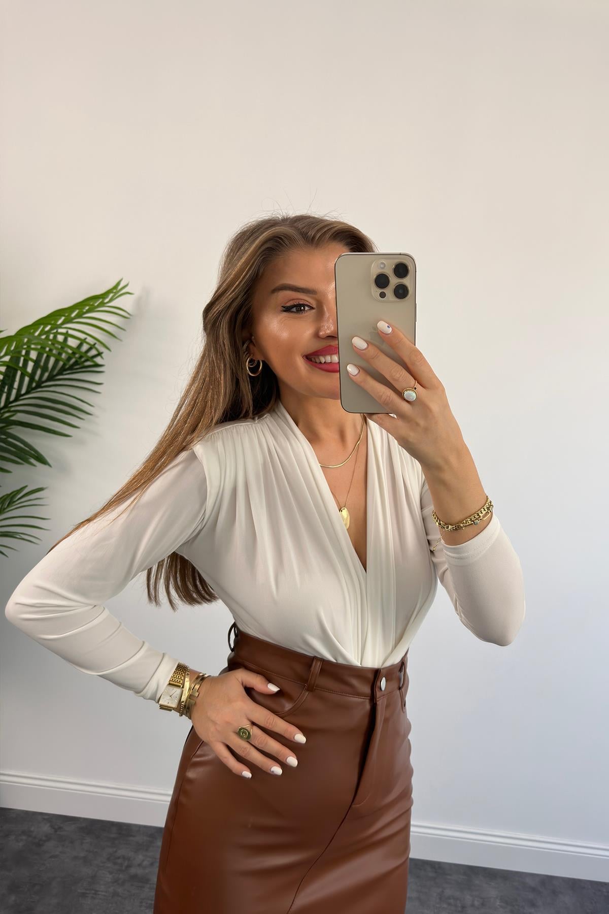 1. Sınıf Kalite Likralı Yumuşak Deri Midi Boy Kalem Etek Kahverengi