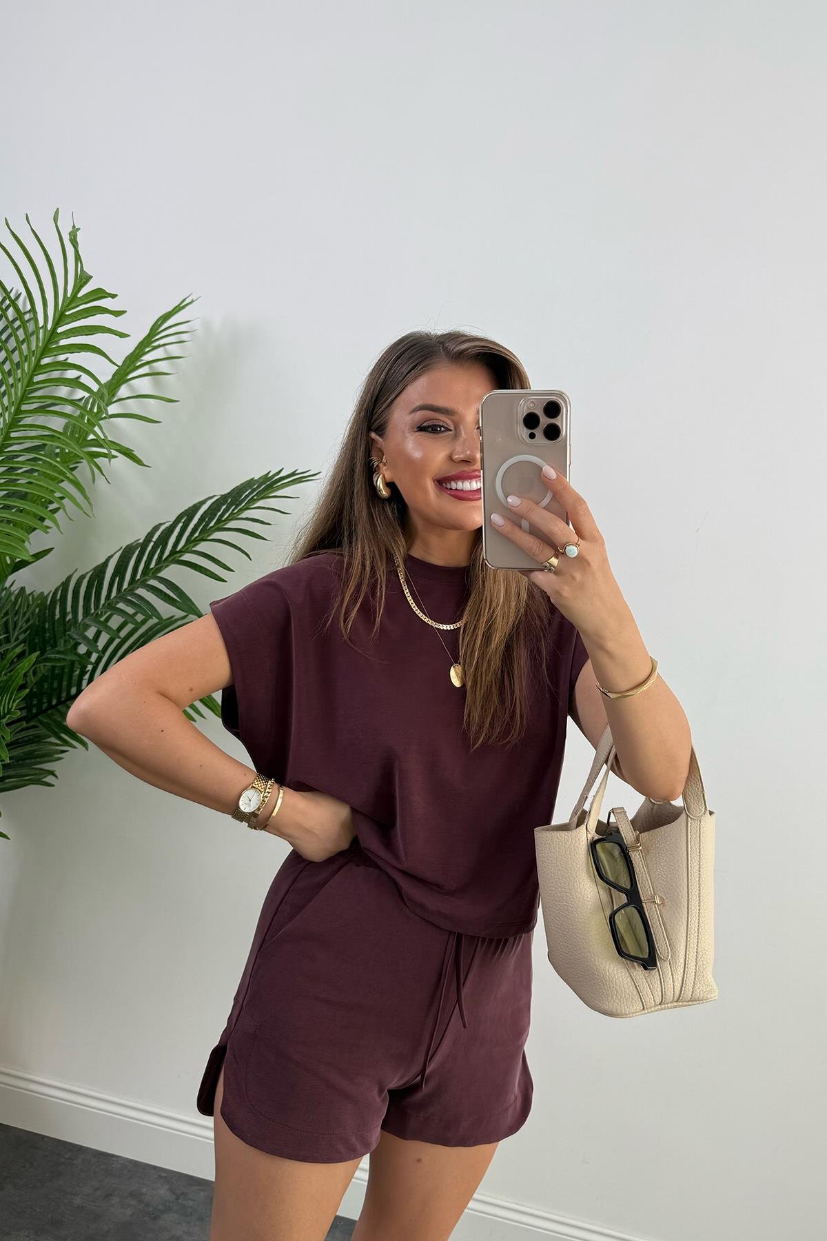 1. Sınıf Kalite İthal Pike Modal Kumaş Kısa Kollu Şort Takım Mürdüm