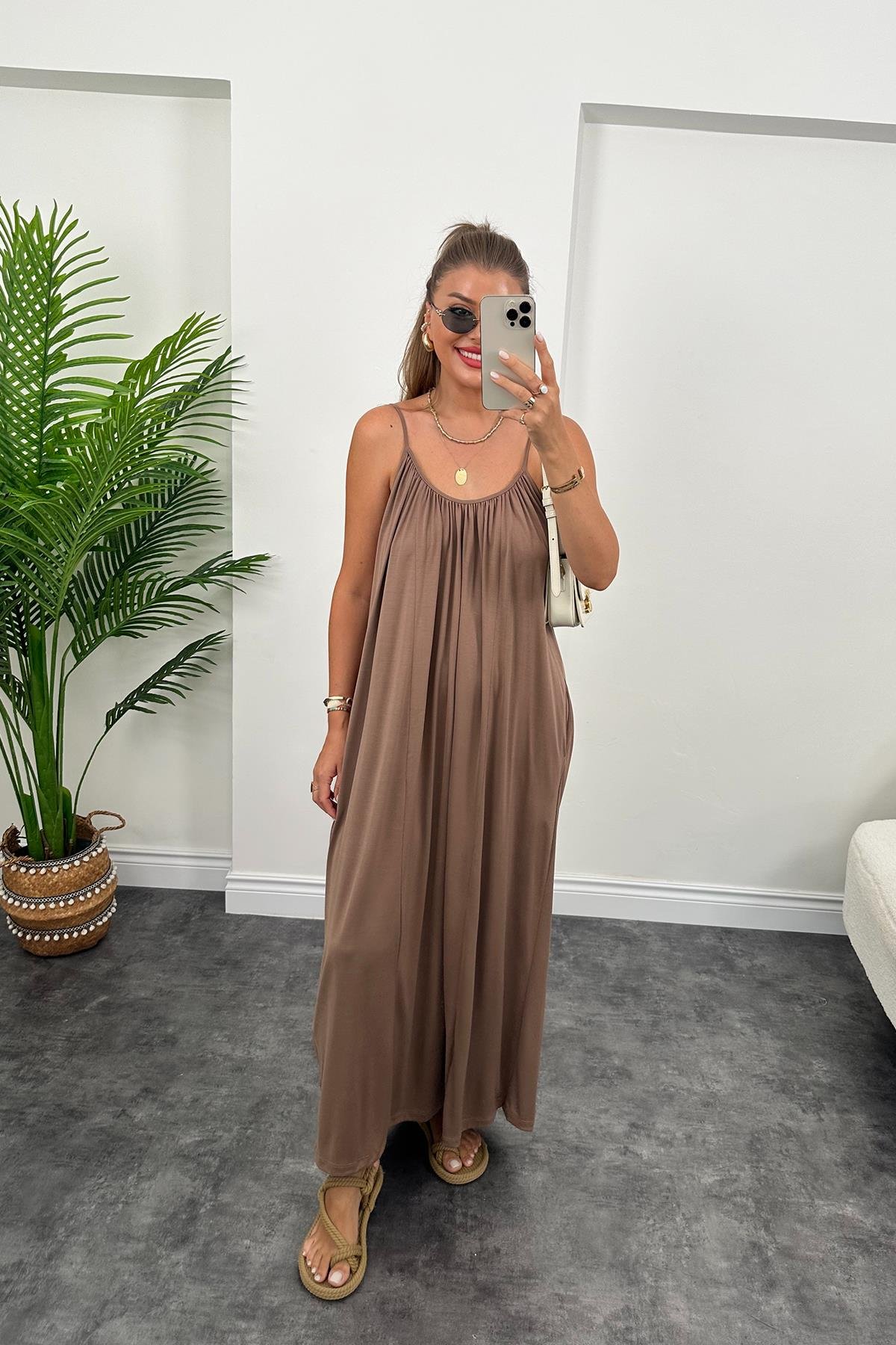 1. Sınıf Kalite İthal Oysho Kumaş Cepli Maxi Elbise Kahverengi