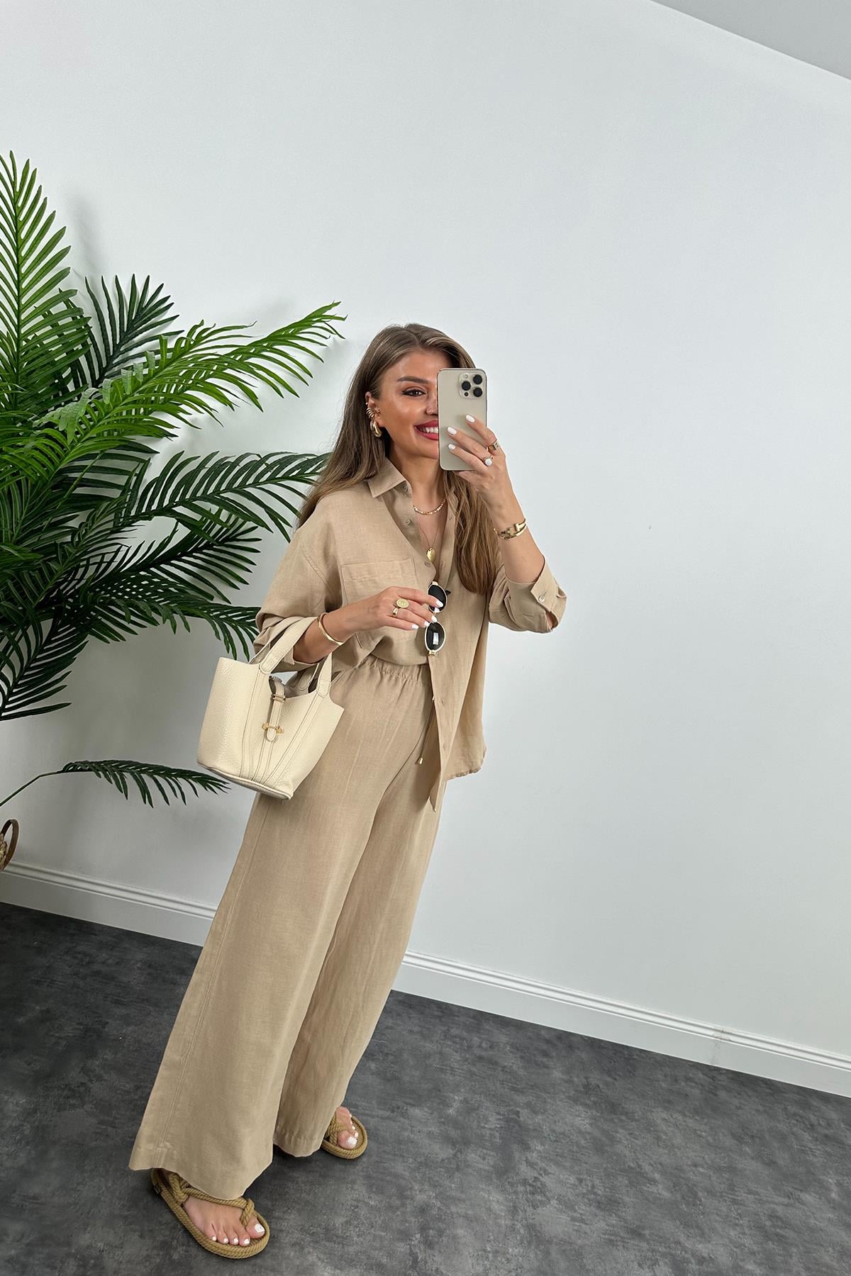 1. Sınıf Kalite Oysh Model %100 Keten Palazzo Gömlek Takım Bej