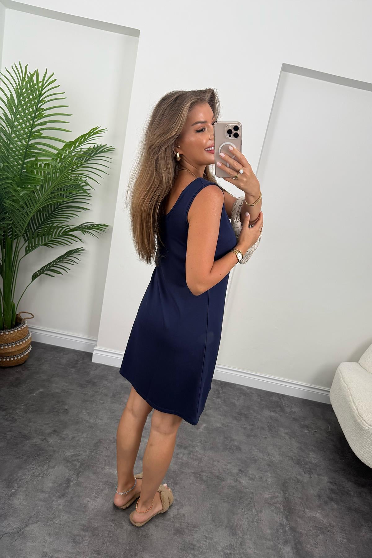 1. Sınıf Kalite Pike Modal Kumaş Sıfır Kol Basic Elbise Lacivert