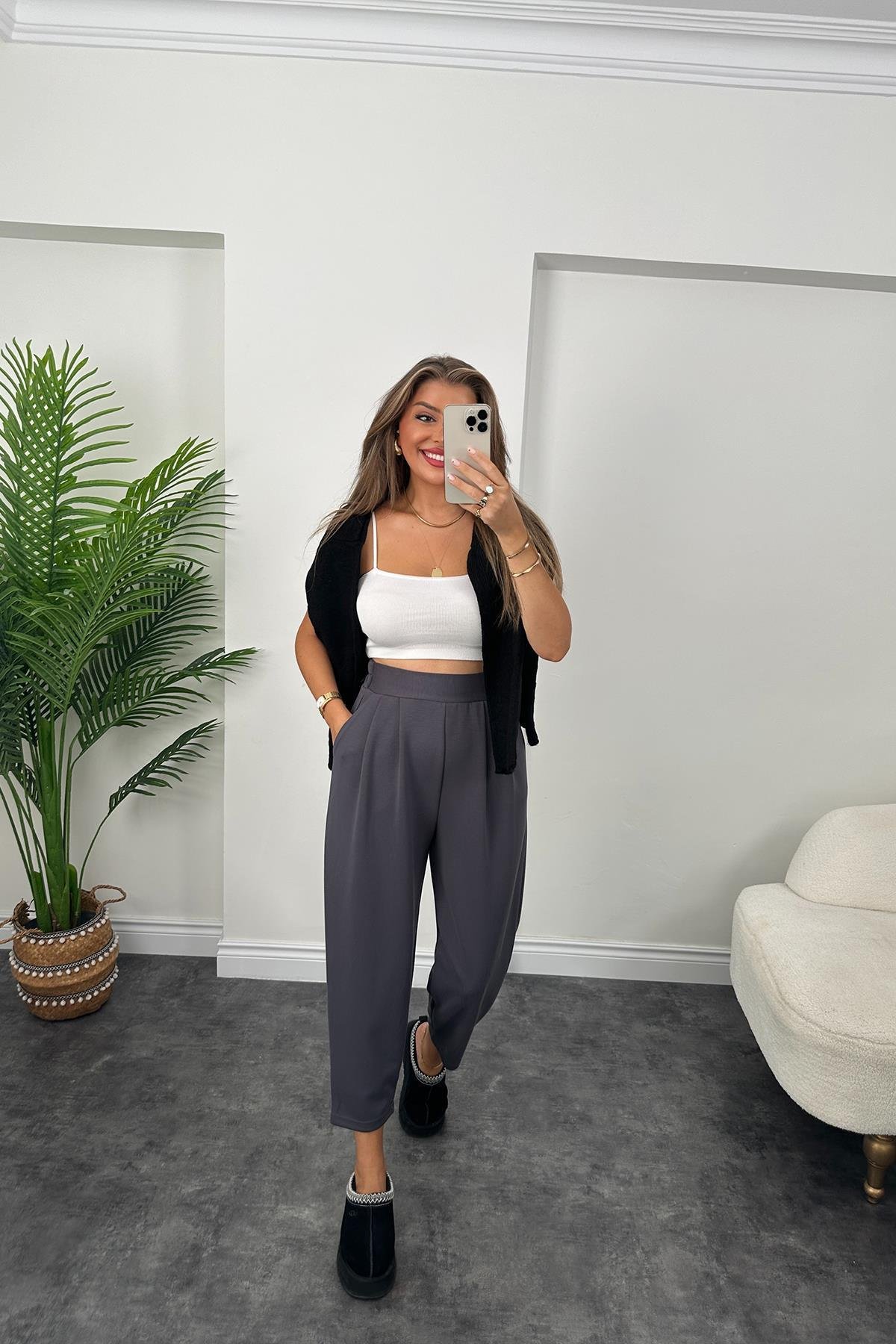 1. Sınıf Kalite Oysh Kumaş Beli Lastikli Harem Pantolon Antrasit 