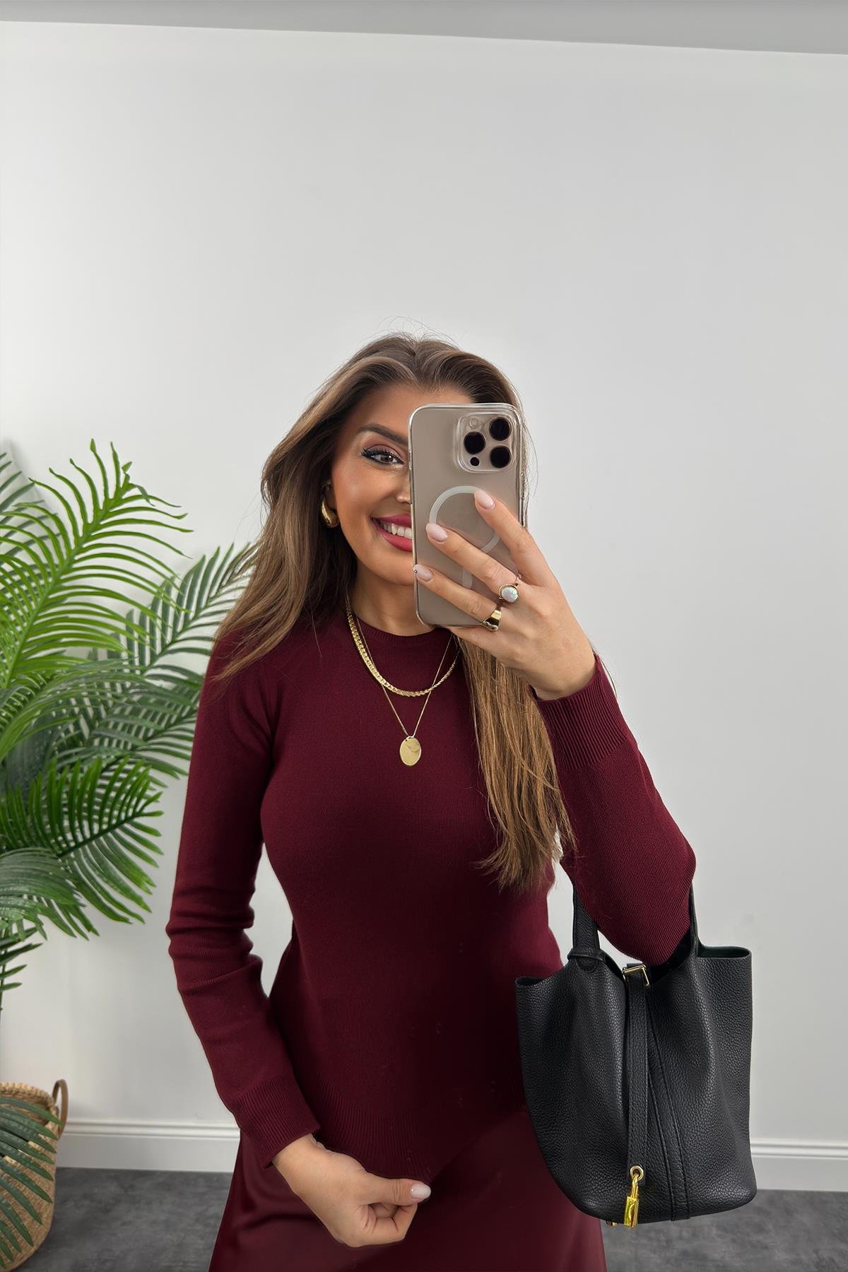 1. Sınıf Kalite Massi Model Kaşmir Dokulu Uzun Kol Basic Triko Bordo