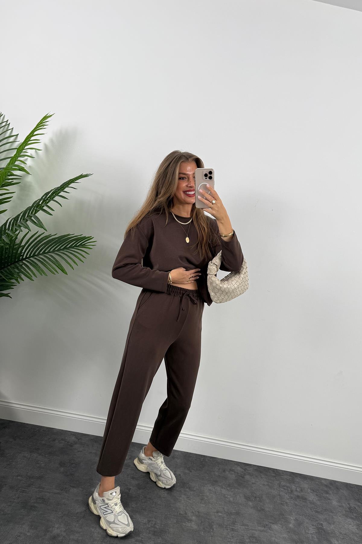 1. Sınıf Kalite İthal Oysh Kumaş Uzun Kol Basic Takım Acı Kahve