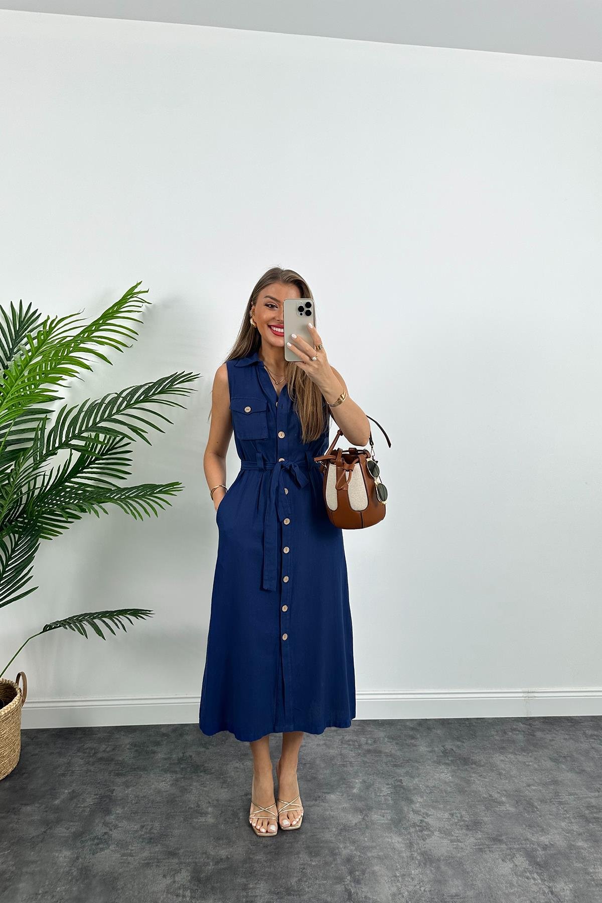 1. Sınıf Kalite %100 Pamuklu Keten Ahşap Düğmeli Midi boy Kuşaklı Elbise Lacivert